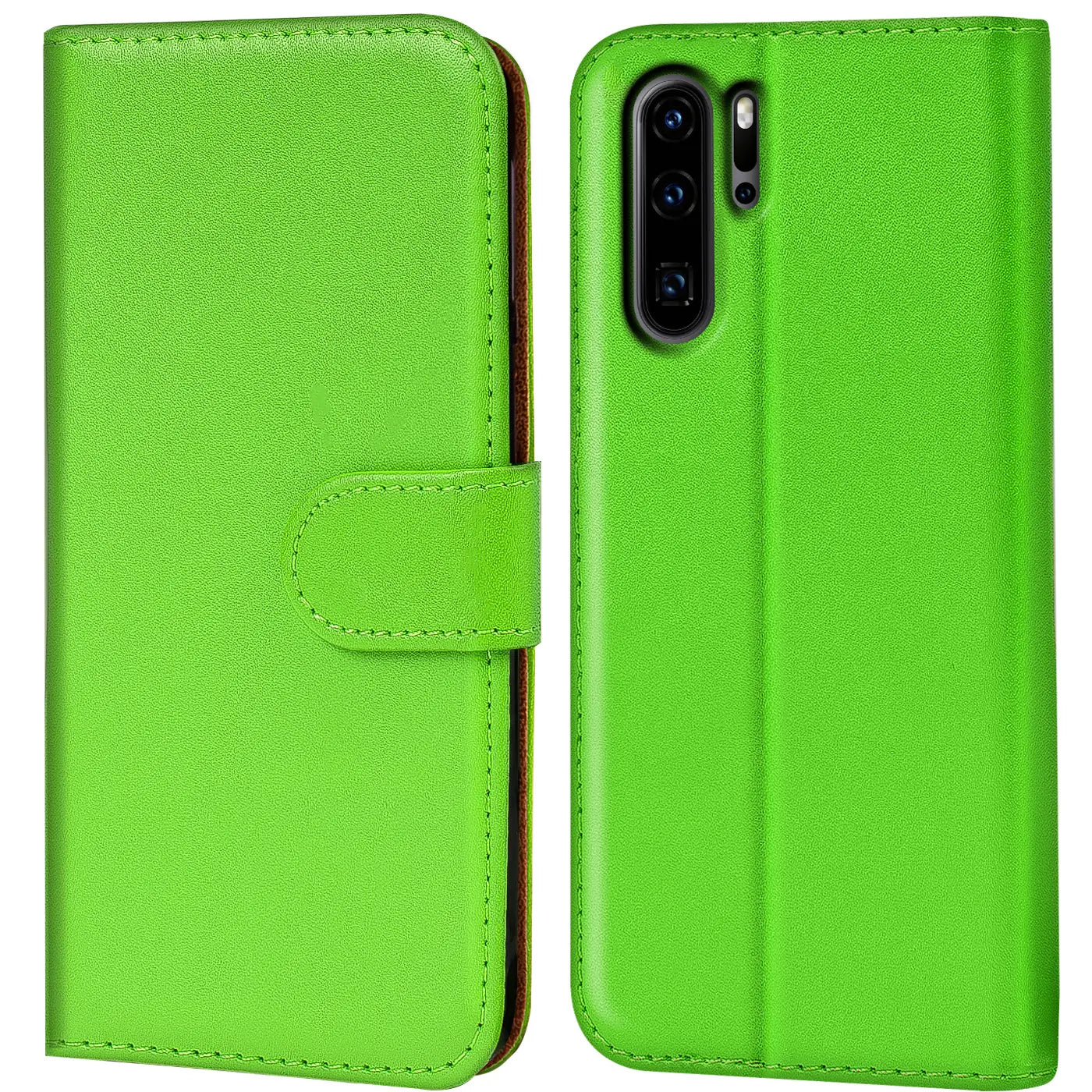 Grüne Kunstleder-Klapphülle mit Kartenfächern, Vorder- und Rückansicht, für Huawei P30 Pro.