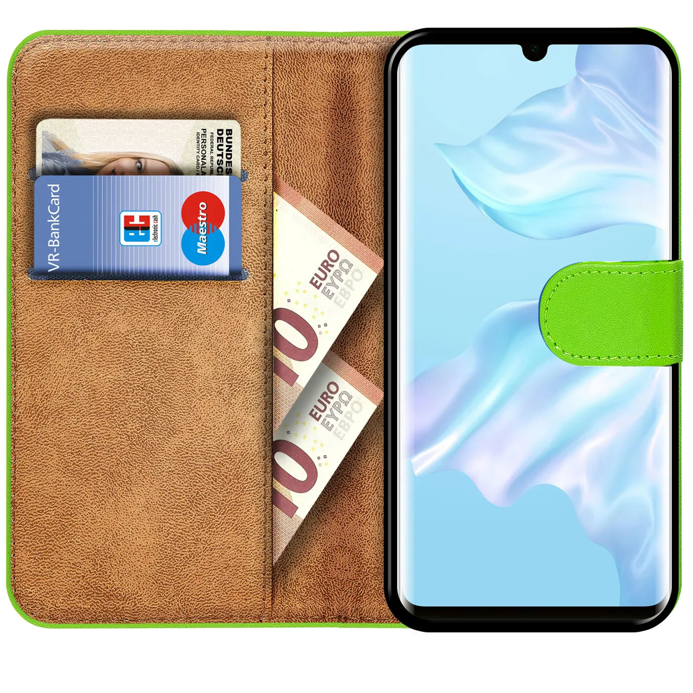 Grüne Kunstleder-Klapphülle mit Kartenfächern, zeigt Huawei P30 Pro.