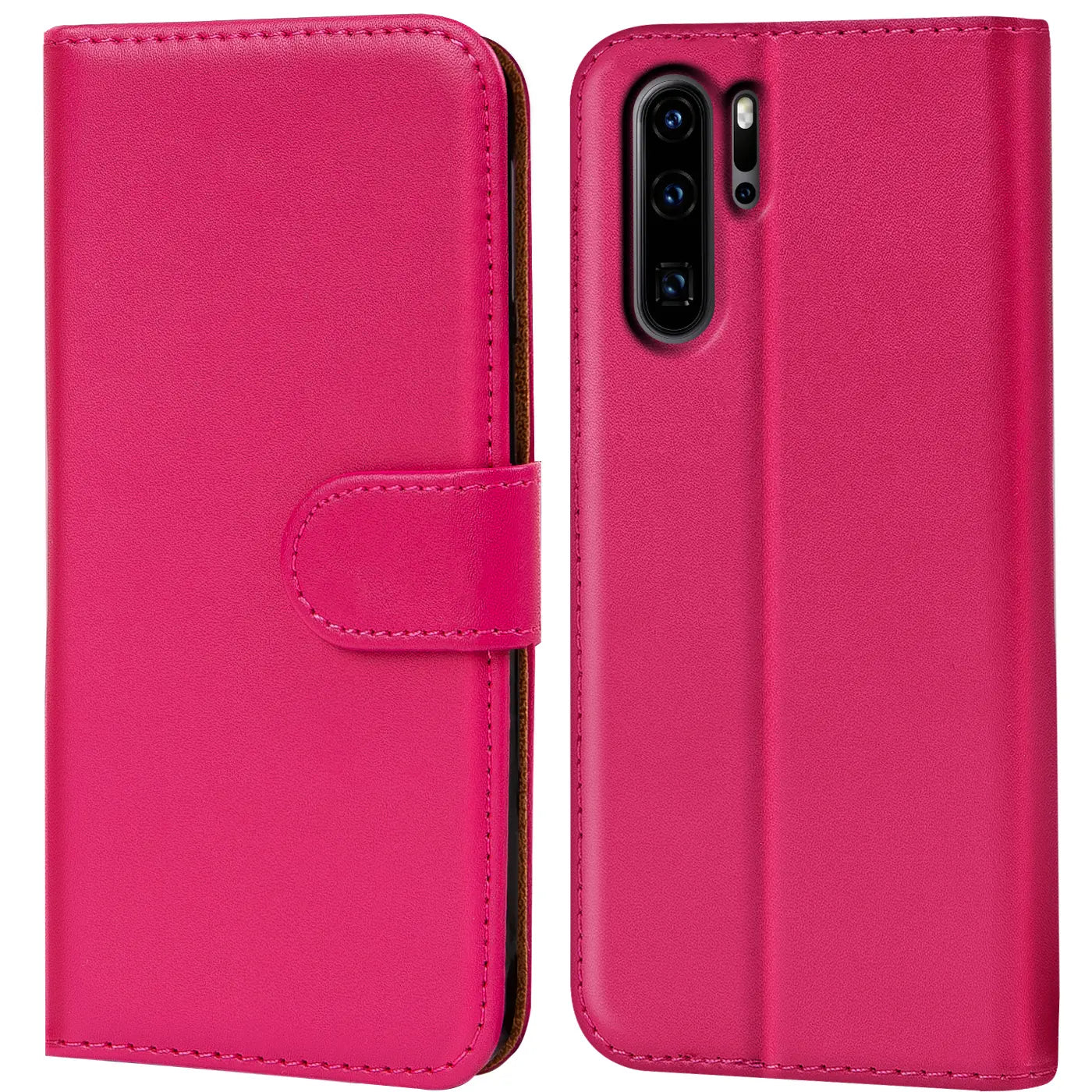 Pink Kunstleder-Klapphülle mit Kartenfächern für Huawei P30 Pro, Vorder- und Rückansicht.