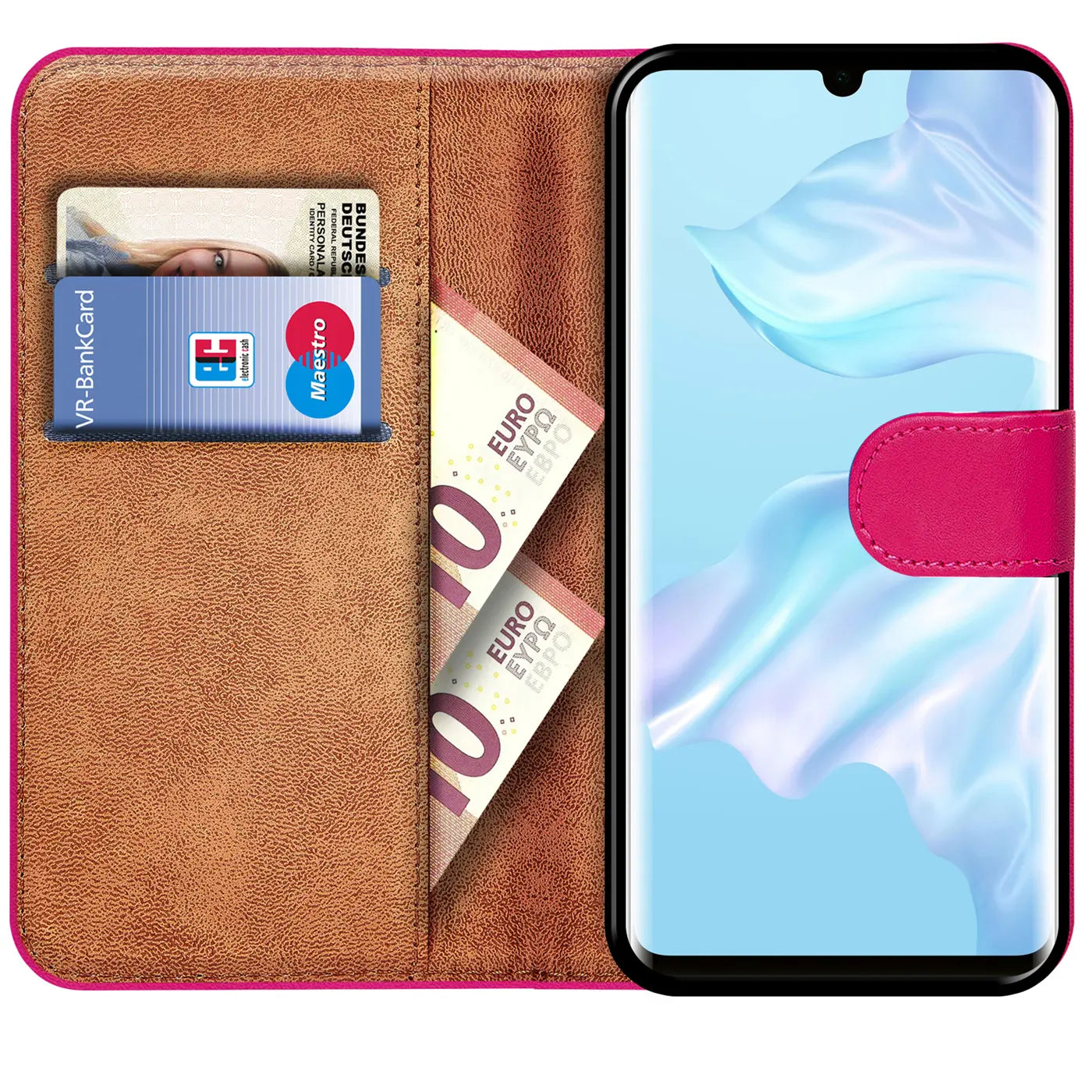 Braune Lederhülle mit Kartenfach, 10€ Scheine, pinker Verschluss, Huawei P30 Pro.