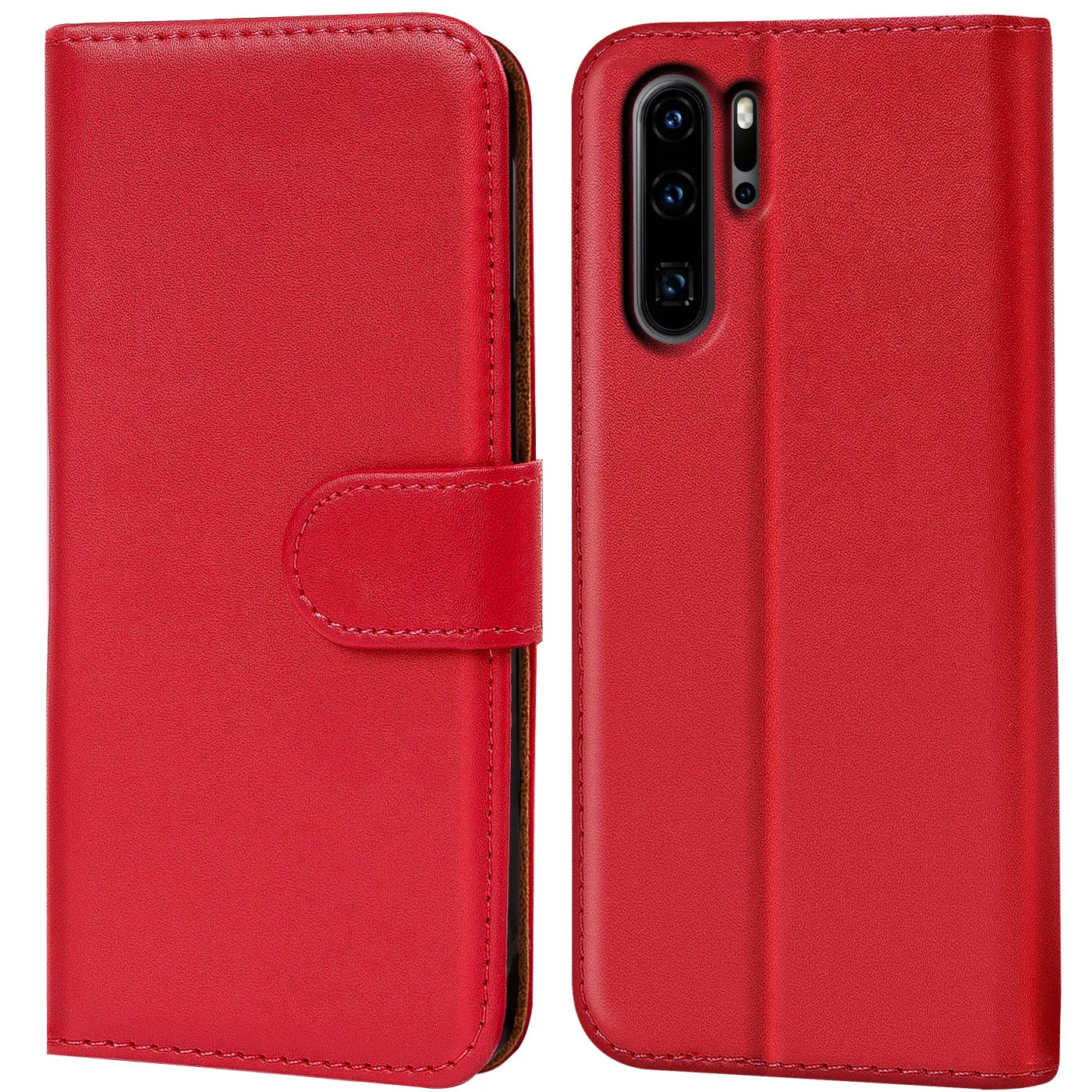 Rote Leder-Klapphülle mit Kartenfächern, Vorder- und Rückansicht, für Huawei P30 Pro.