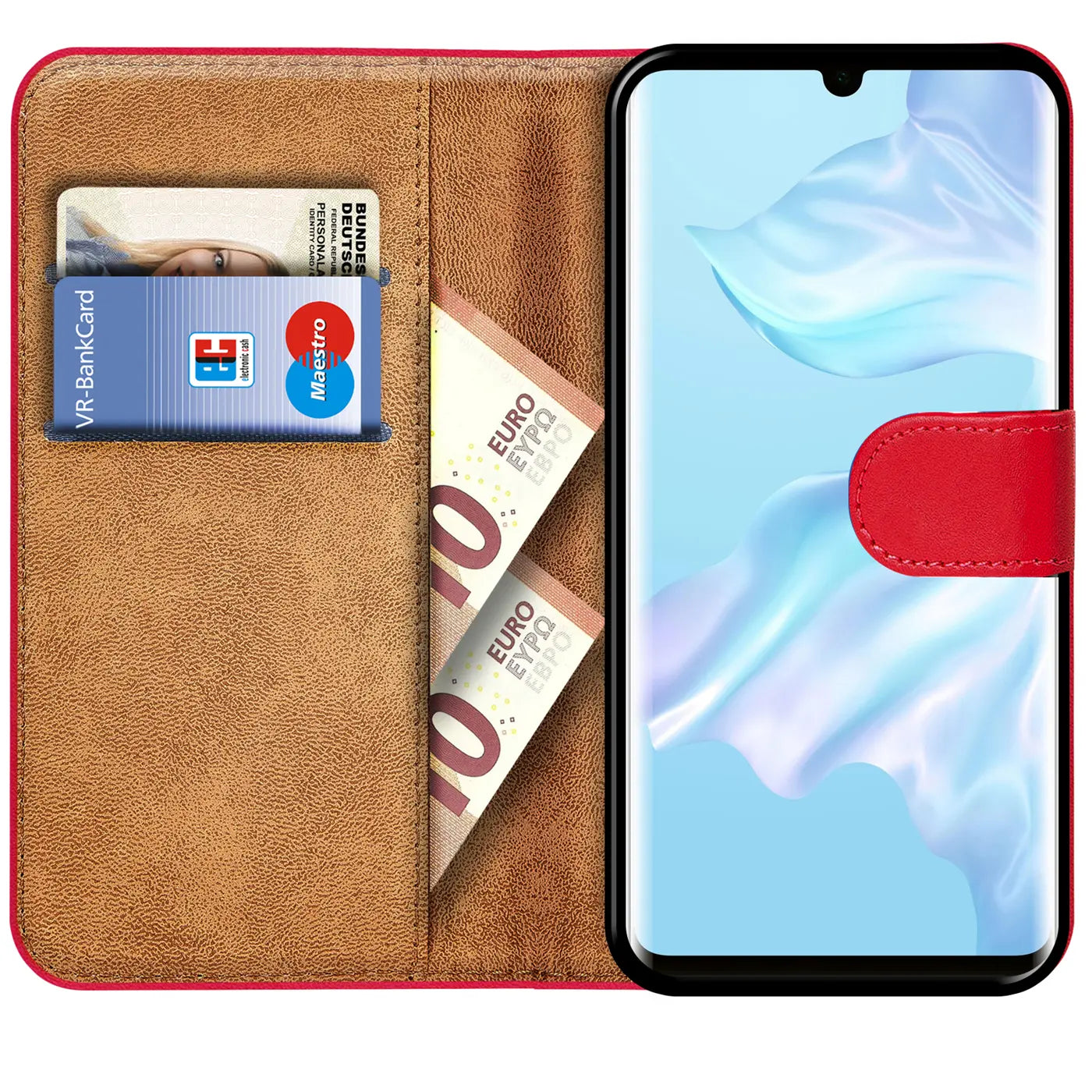 Rote Kunstleder-Klapphülle mit Kartenfächern für Huawei P30 Pro, von vorne.