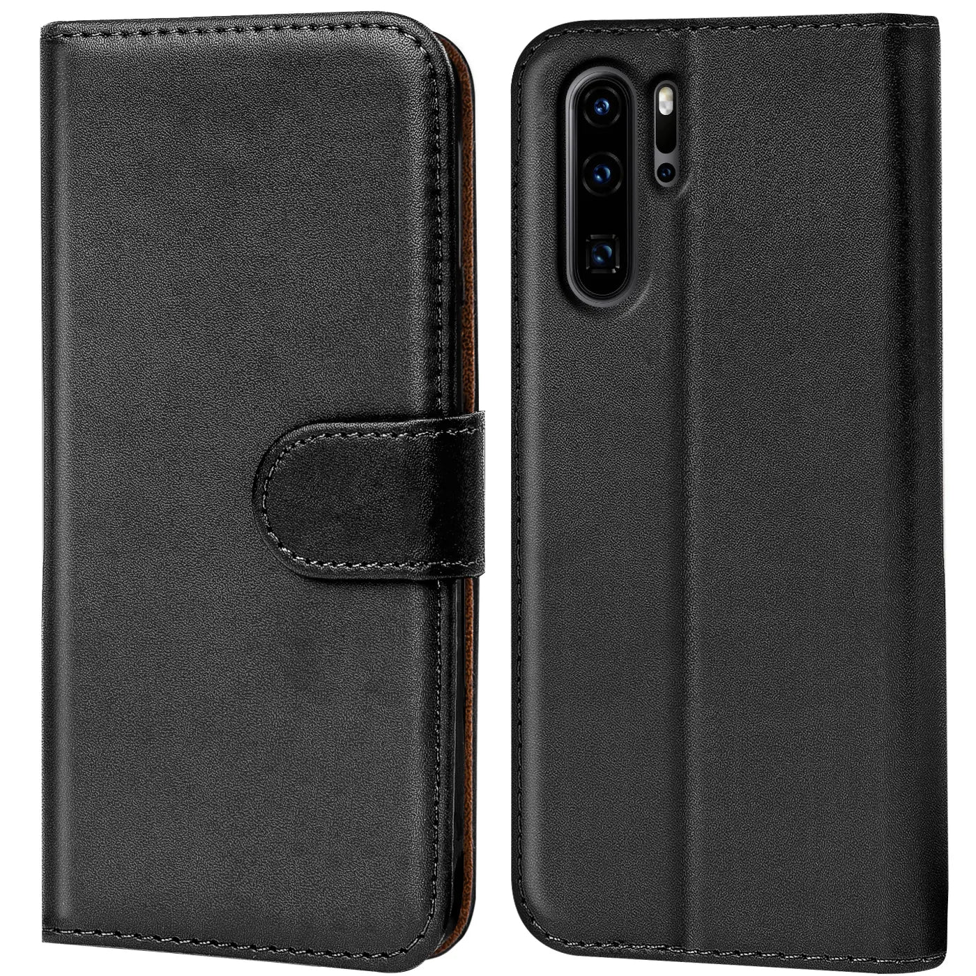 Schwarze Leder-Klapphülle mit Kartenfächern, Vorder- und Rückansicht, Huawei P30 Pro.