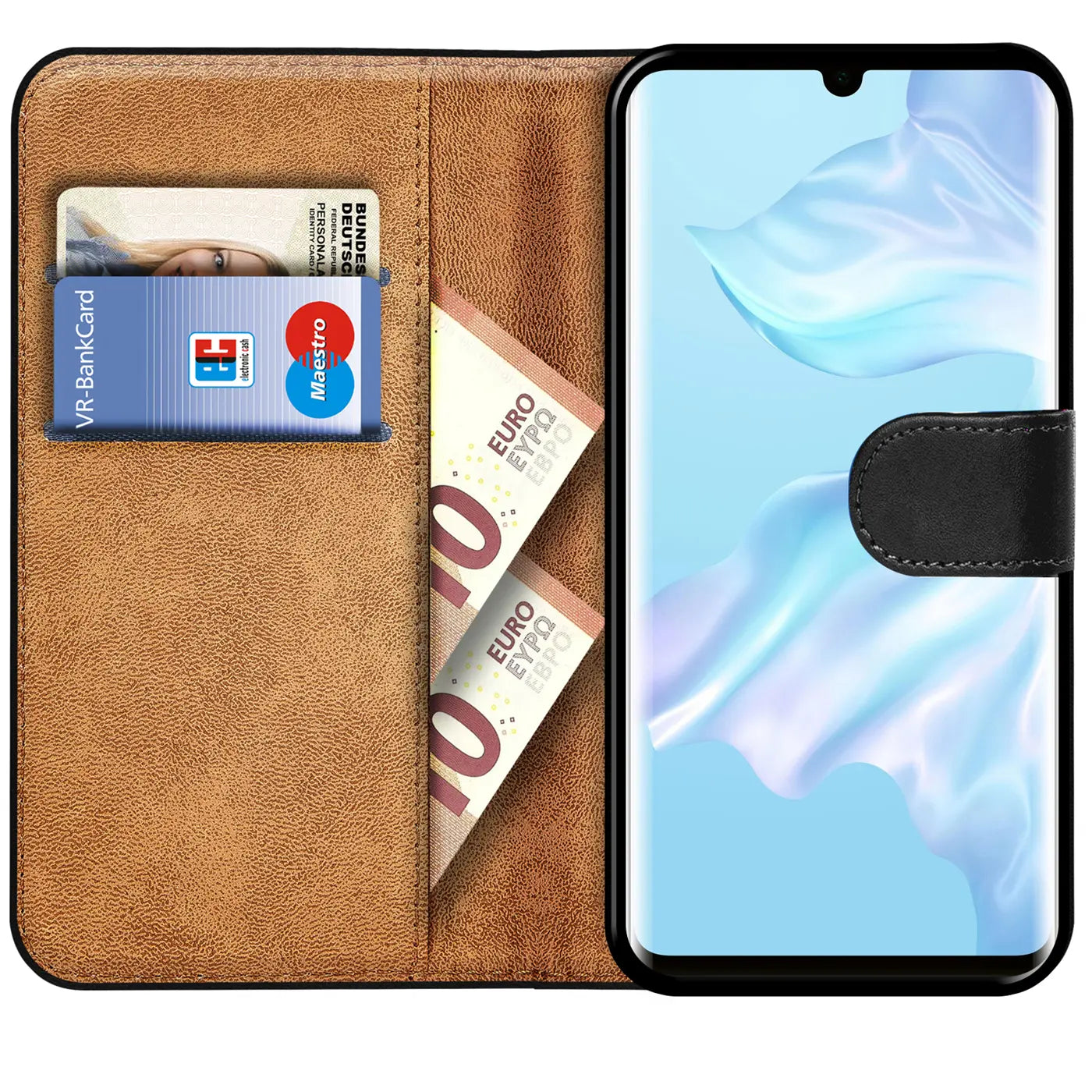 Braun Kunstleder Klapphülle mit Kartenfächern, Huawei P30 Pro, von vorne