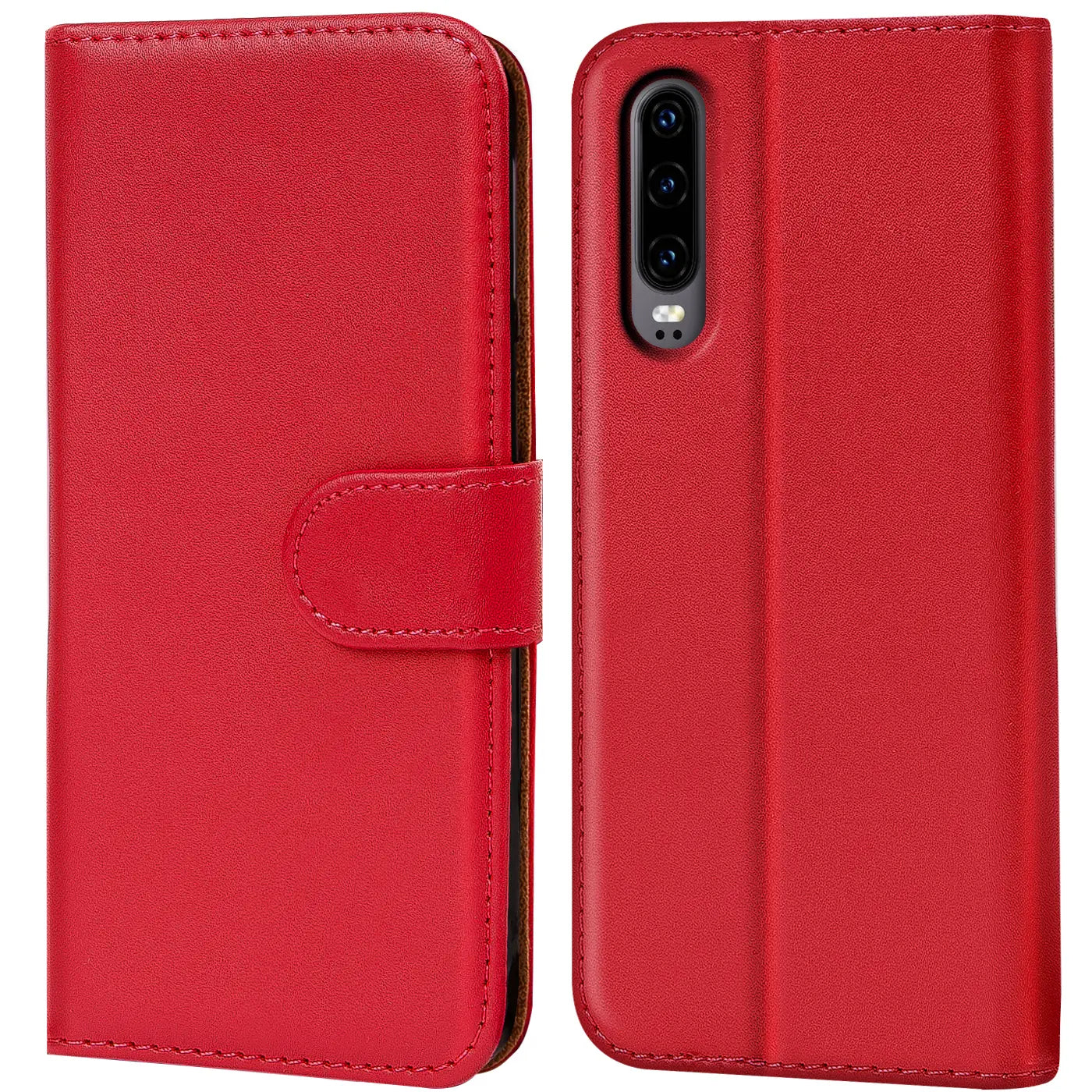 Rote Leder-Klapphülle mit Kartenfächern, geöffnet, zeigt Huawei P30 Rückseite.