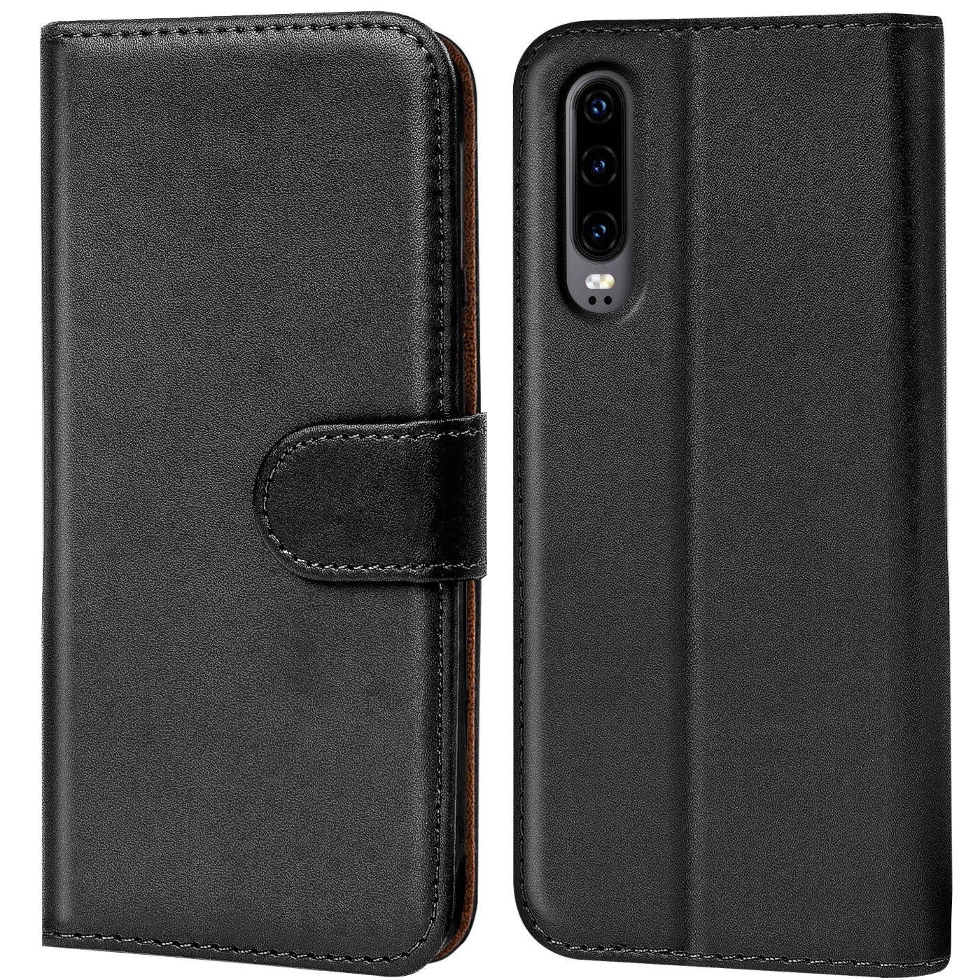 Schwarze Leder-Klapphülle mit Kartenfächern, Vorder- und Rückansicht, Huawei P30.