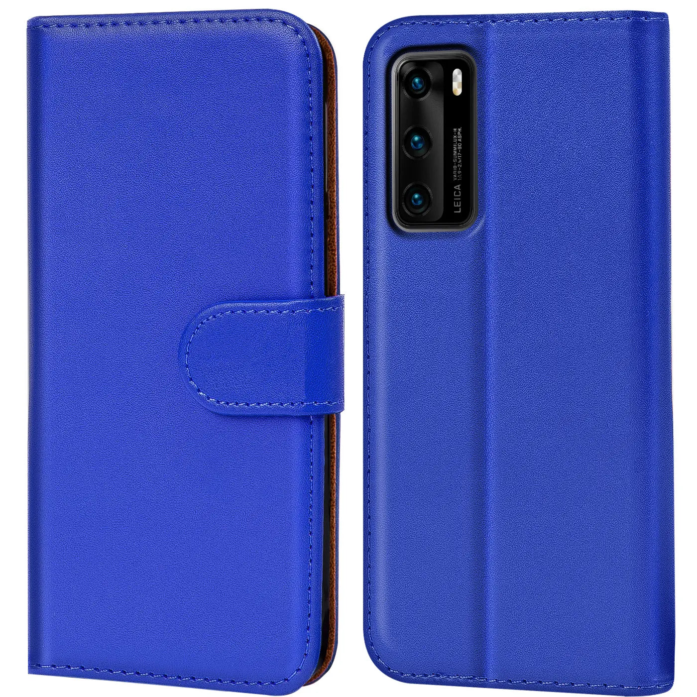 Blaue Kunstleder-Klapphülle mit Kartenfächern, Vorder- und Rückansicht, Huawei P40.