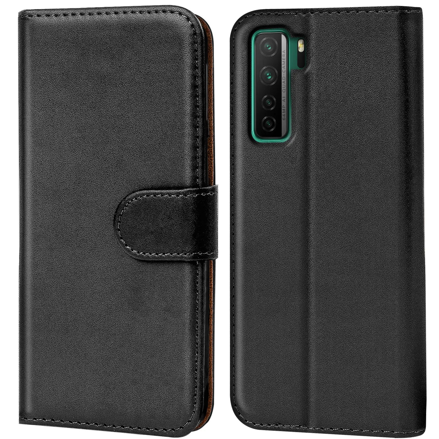 Schwarze Leder-Klapphülle mit Kartenfächern, Vorder- und Rückansicht, Huawei P40 Lite 5G.