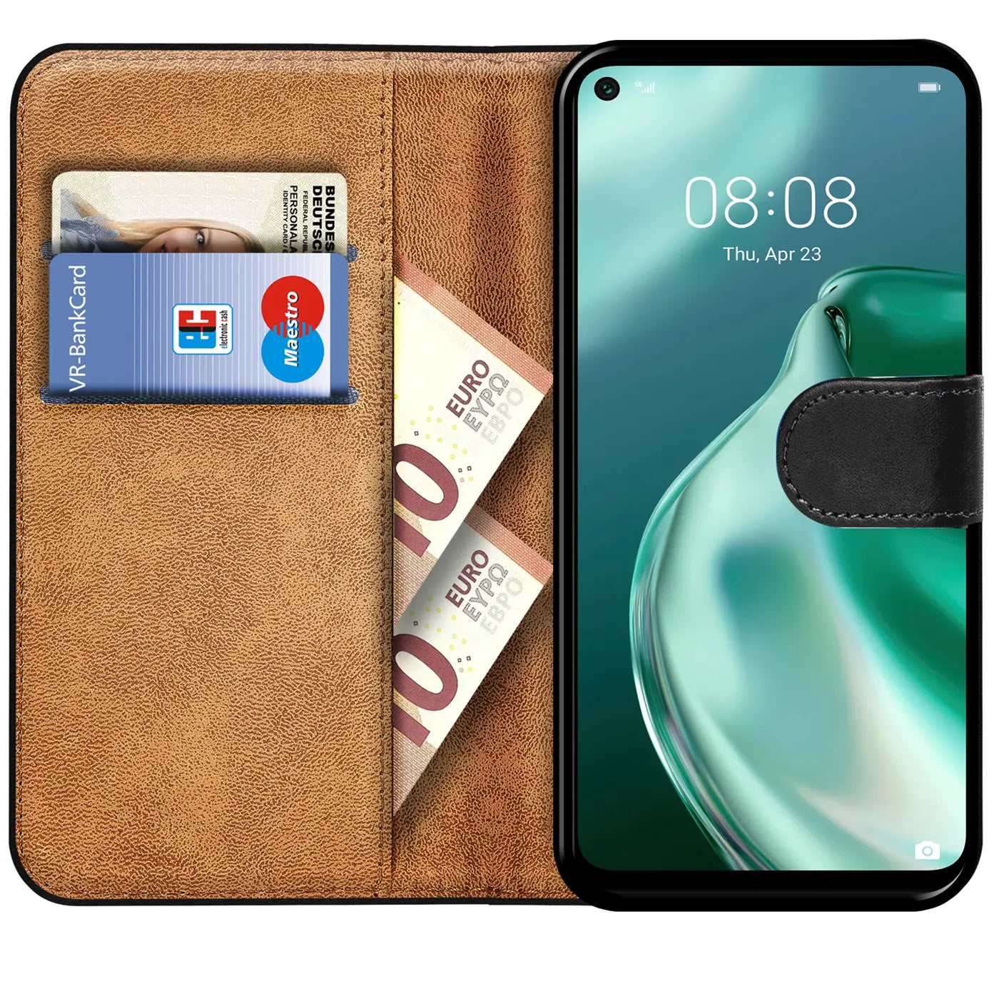 Braune Leder-Klapphülle mit Kartenfächern, zeigt Huawei P40 Lite 5G.