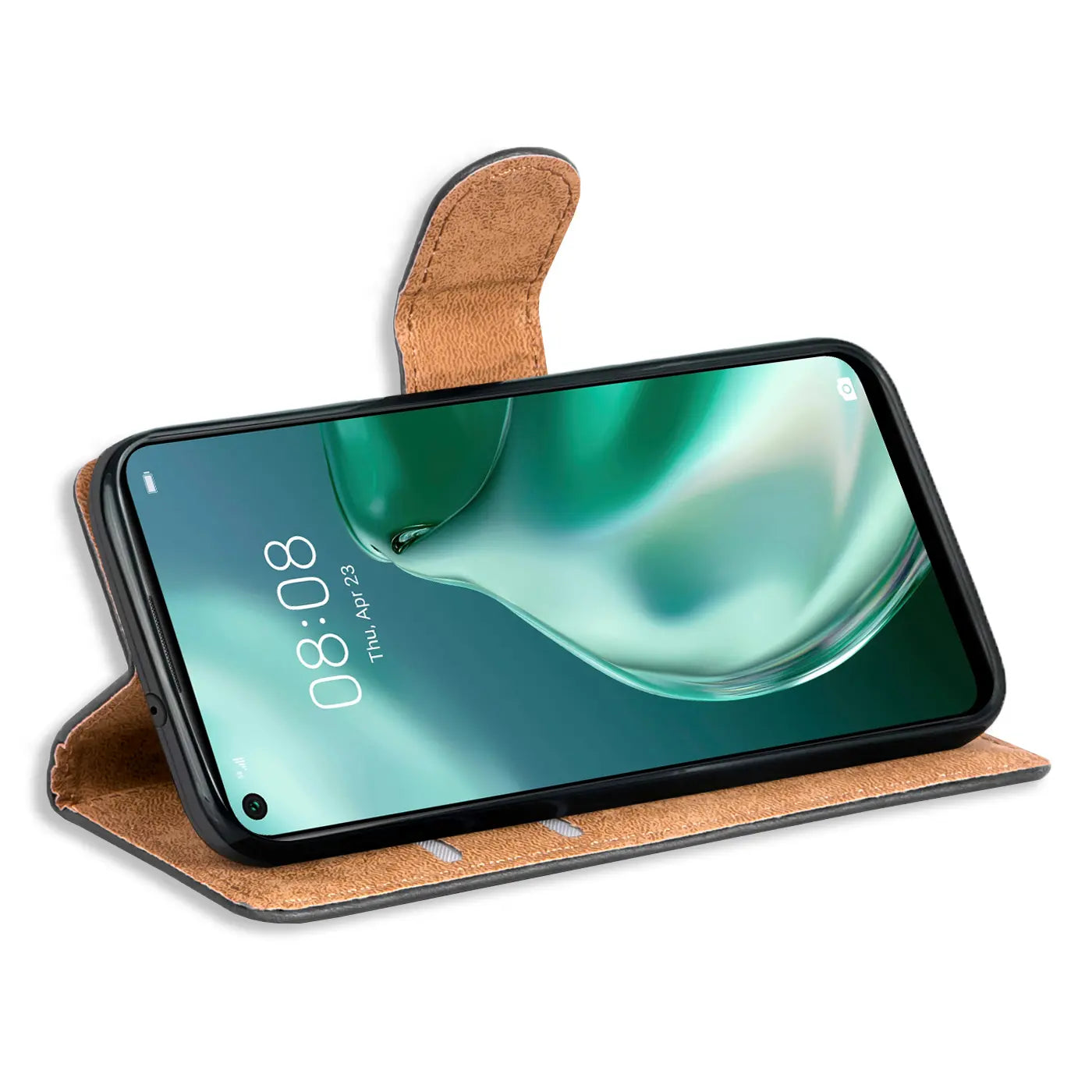 Braune Kunstleder-Klapphülle mit Kartenfächern, Huawei P40 Lite 5G, Seitenansicht