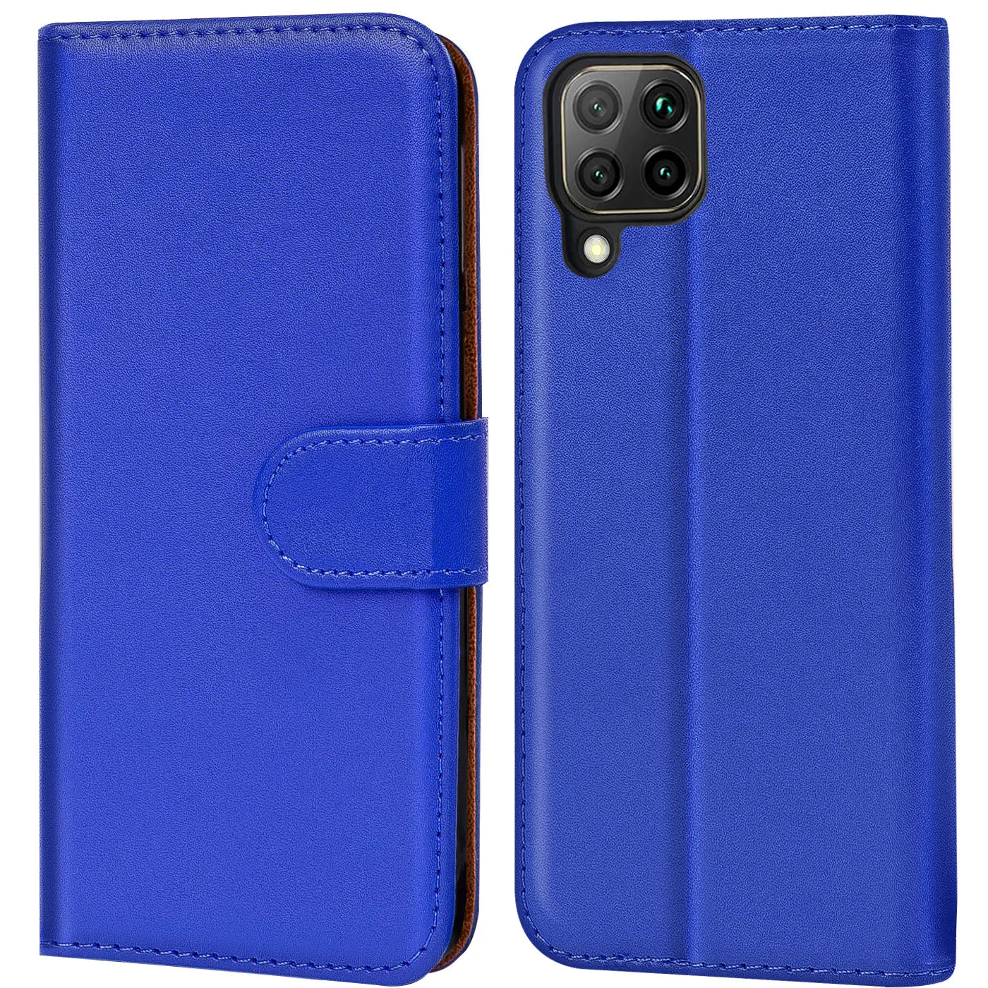 Blaue Kunstleder-Klapphülle mit Kartenfächern, Vorder- und Rückansicht, für Huawei P40 Lite.