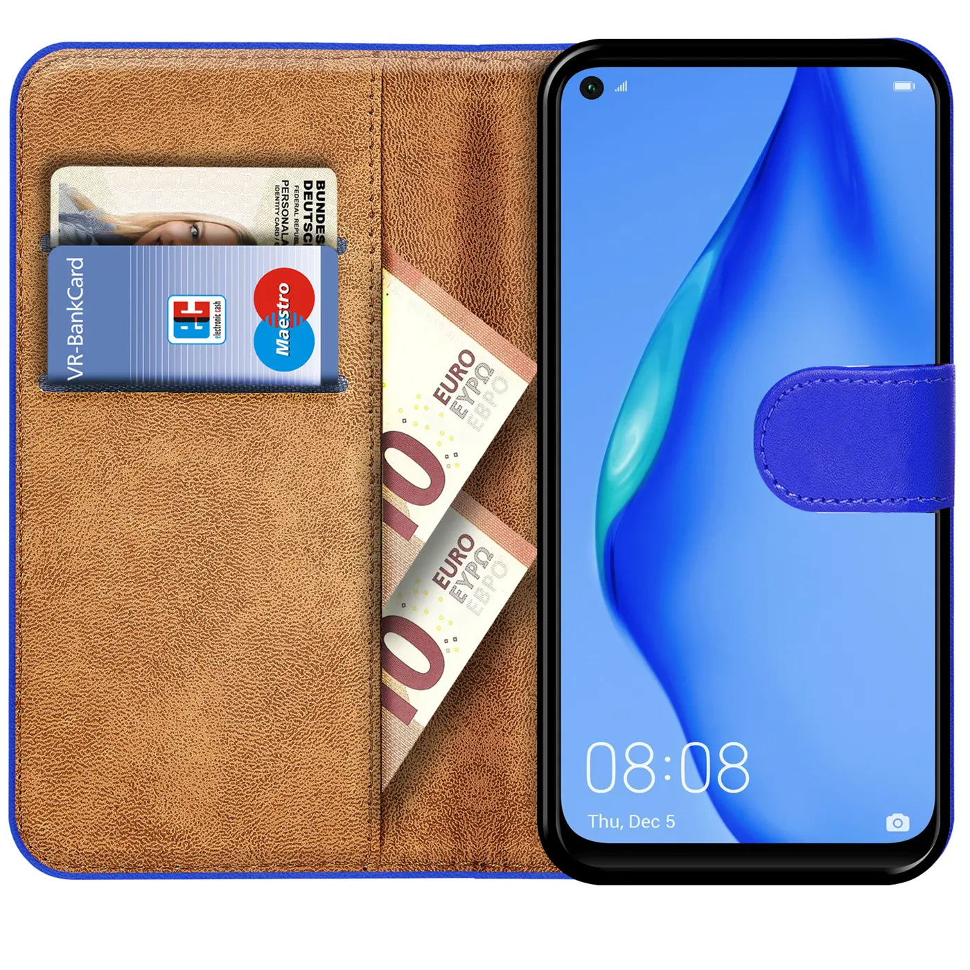 Braune Kunstleder-Klapphülle mit Kartenfächern, zeigt Huawei P40 Lite.