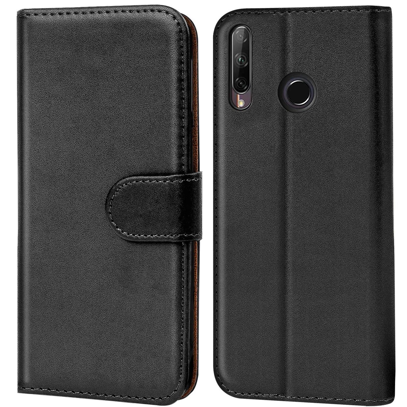 Schwarze Leder-Klapphülle mit Kartenfächern, Vorder- und Rückansicht, Huawei P40 Lite E.
