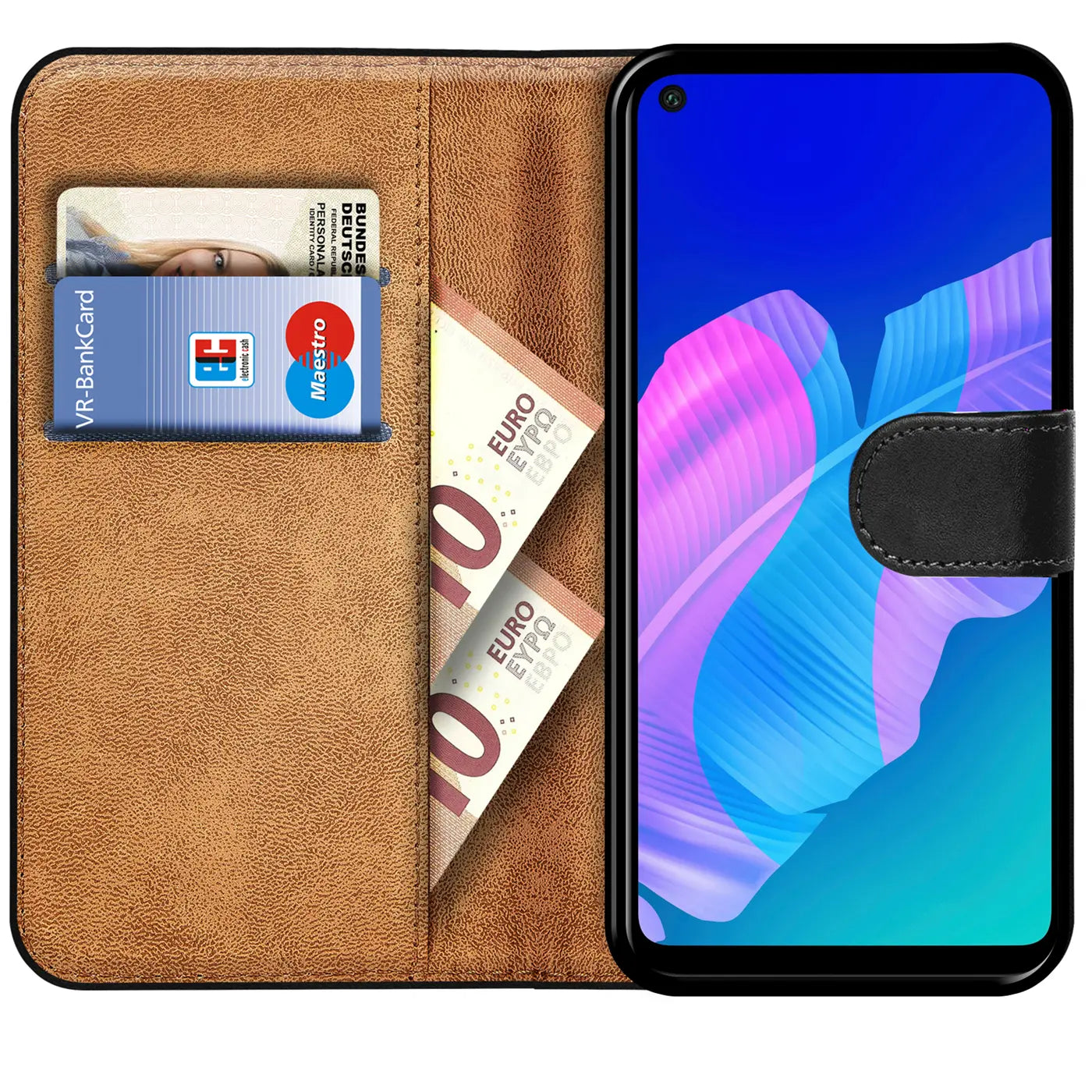 Braune Kunstleder-Klapphülle mit Kartenfächern und Geldscheinfach, zeigt Huawei P40 Lite E.