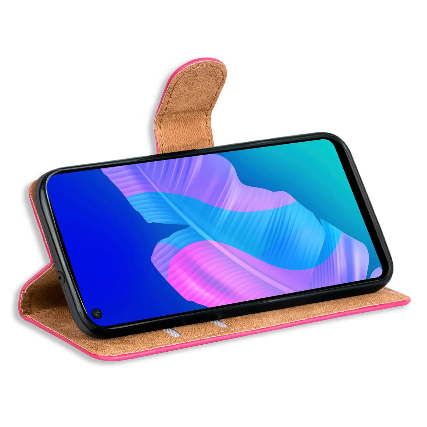 Pink Kunstleder-Klapphülle mit Kartenfächern, seitliche Ansicht, Huawei P40 Lite E.