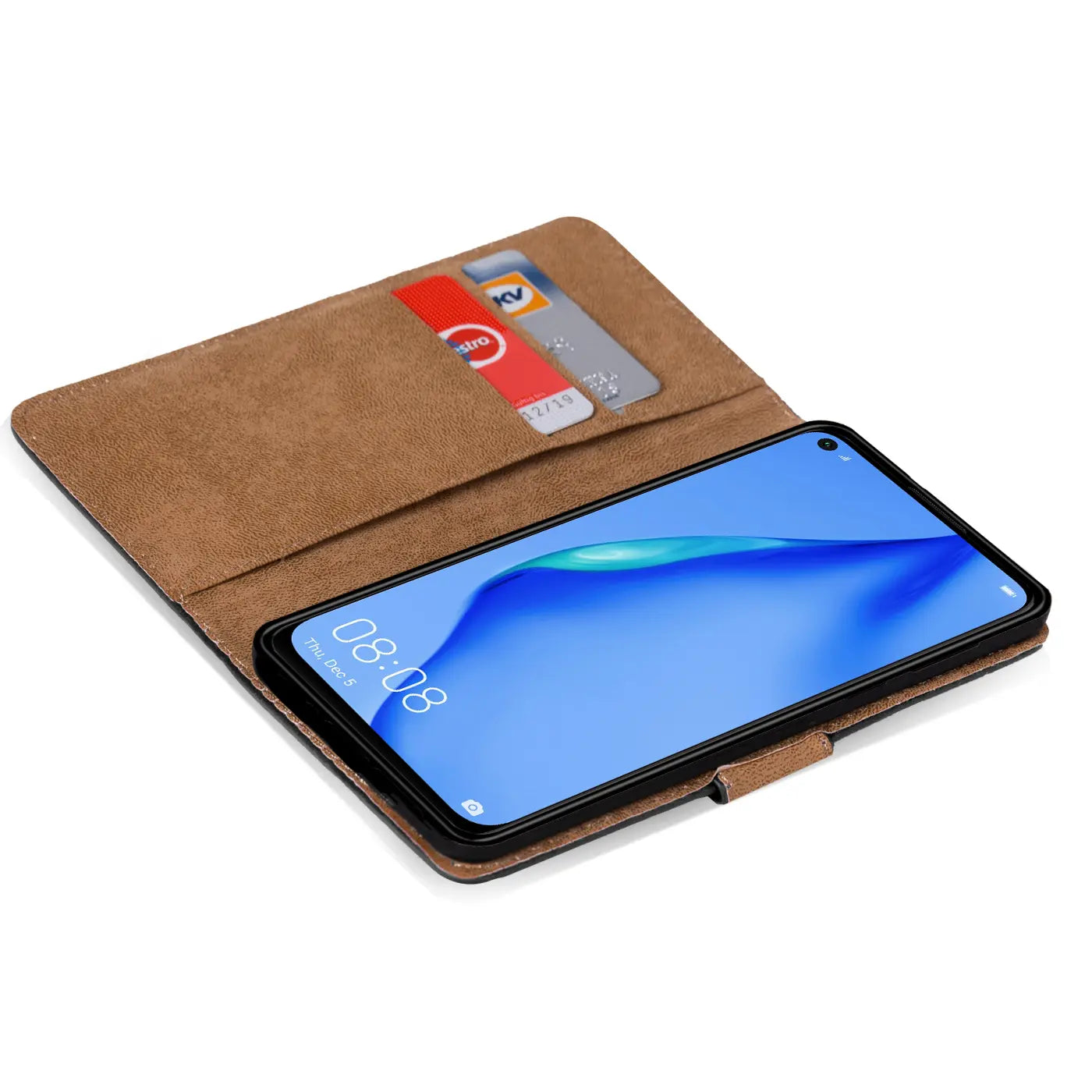 Braune Kunstleder-Klapphülle mit Kartenfächern, zeigt Huawei P40 Lite E, von oben