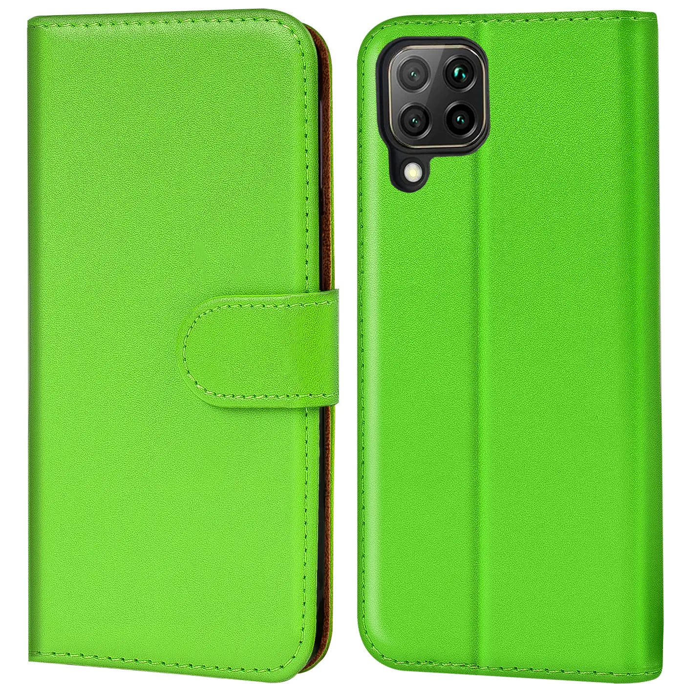 Grüne Kunstleder-Klapphülle, Vorder- und Rückansicht, Huawei P40 Lite Kamera.