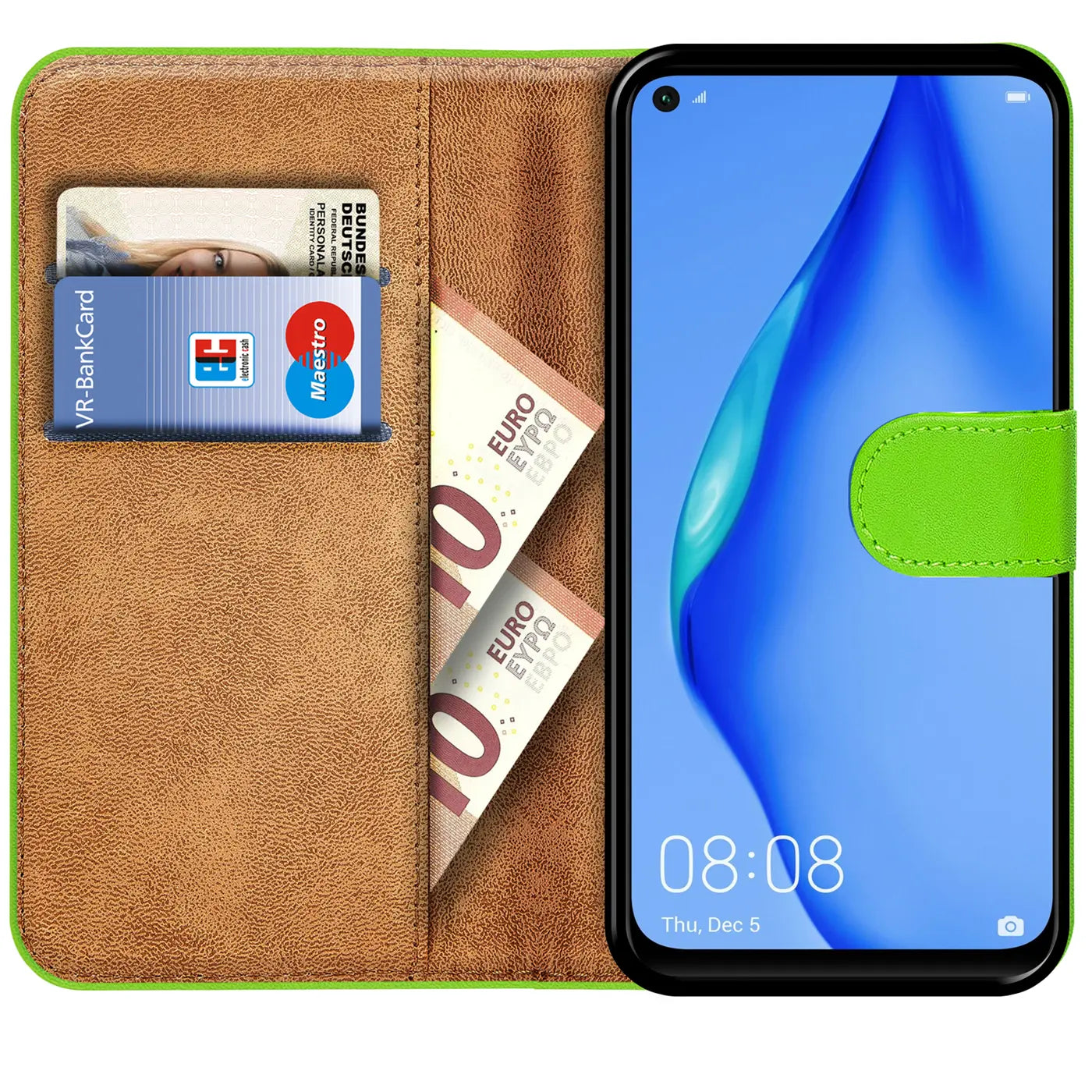 Grüne Kunstleder-Klapphülle mit Kartenfächern, zeigt Huawei P40 Lite.