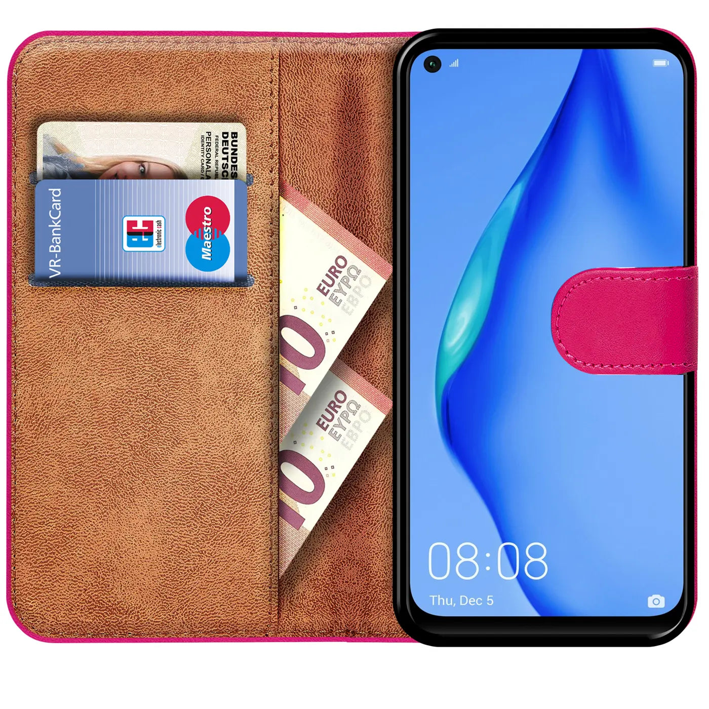 Braune Leder-Klapphülle mit Kartenfächern, zeigt Huawei P40 Lite, von vorne.