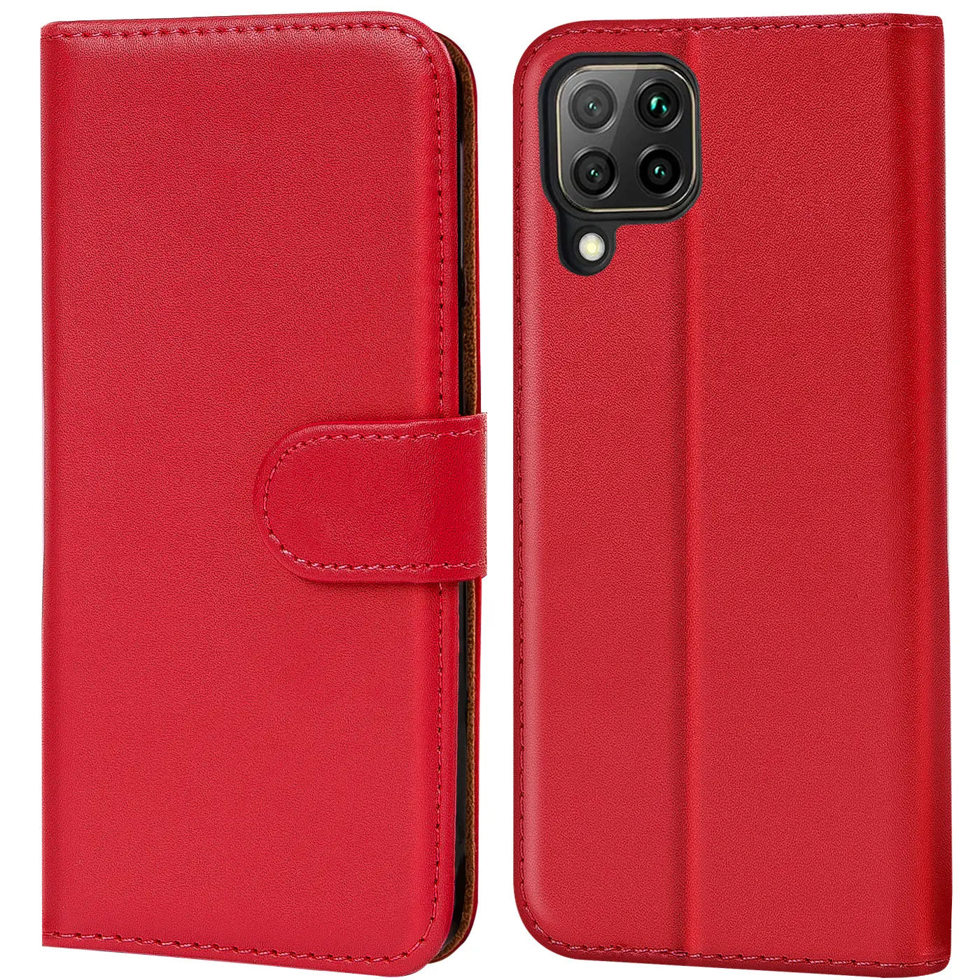 Rote Kunstleder-Klapphülle mit Kartenfächern, Vorder- und Rückansicht, Huawei P40 Lite