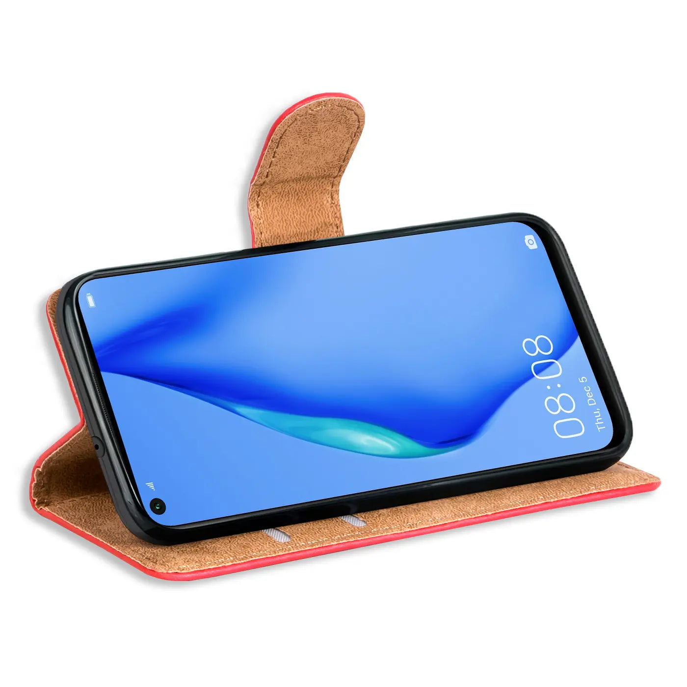 Rote Kunstleder-Klapphülle mit Kartenfächern, schräg von vorne, zeigt Huawei P40 Lite.