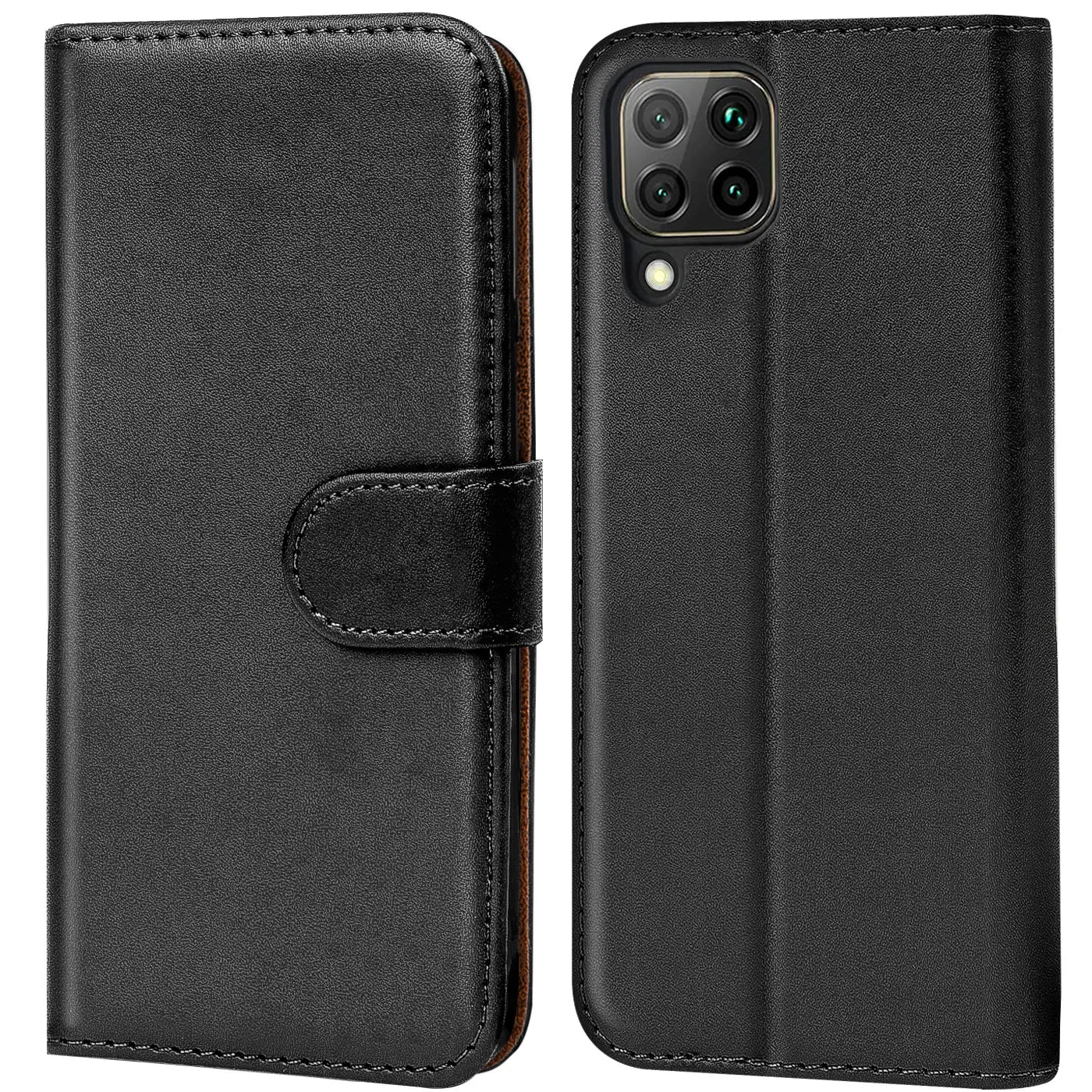Schwarze Leder-Klapphülle mit Kartenfächern, Vorder- und Rückansicht, für Huawei P40 Lite.