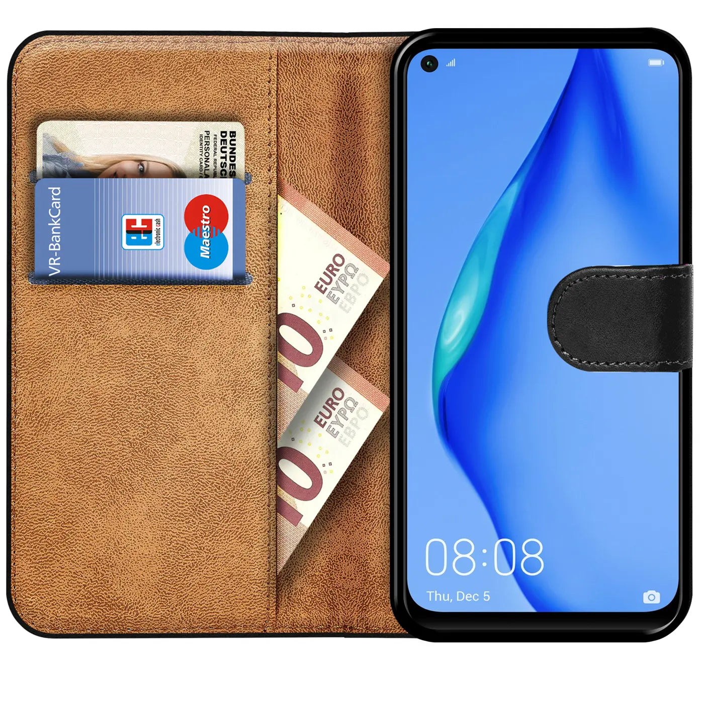 Braune Kunstleder-Klapphülle mit Kartenfächern, zeigt Huawei P40 Lite, von vorne
