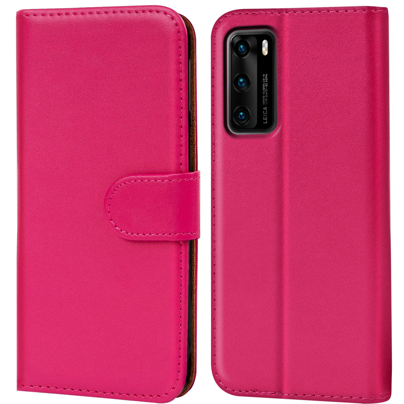 Pink Kunstleder-Klapphülle mit Kartenfächern, Huawei P40, Vorder- und Rückansicht.