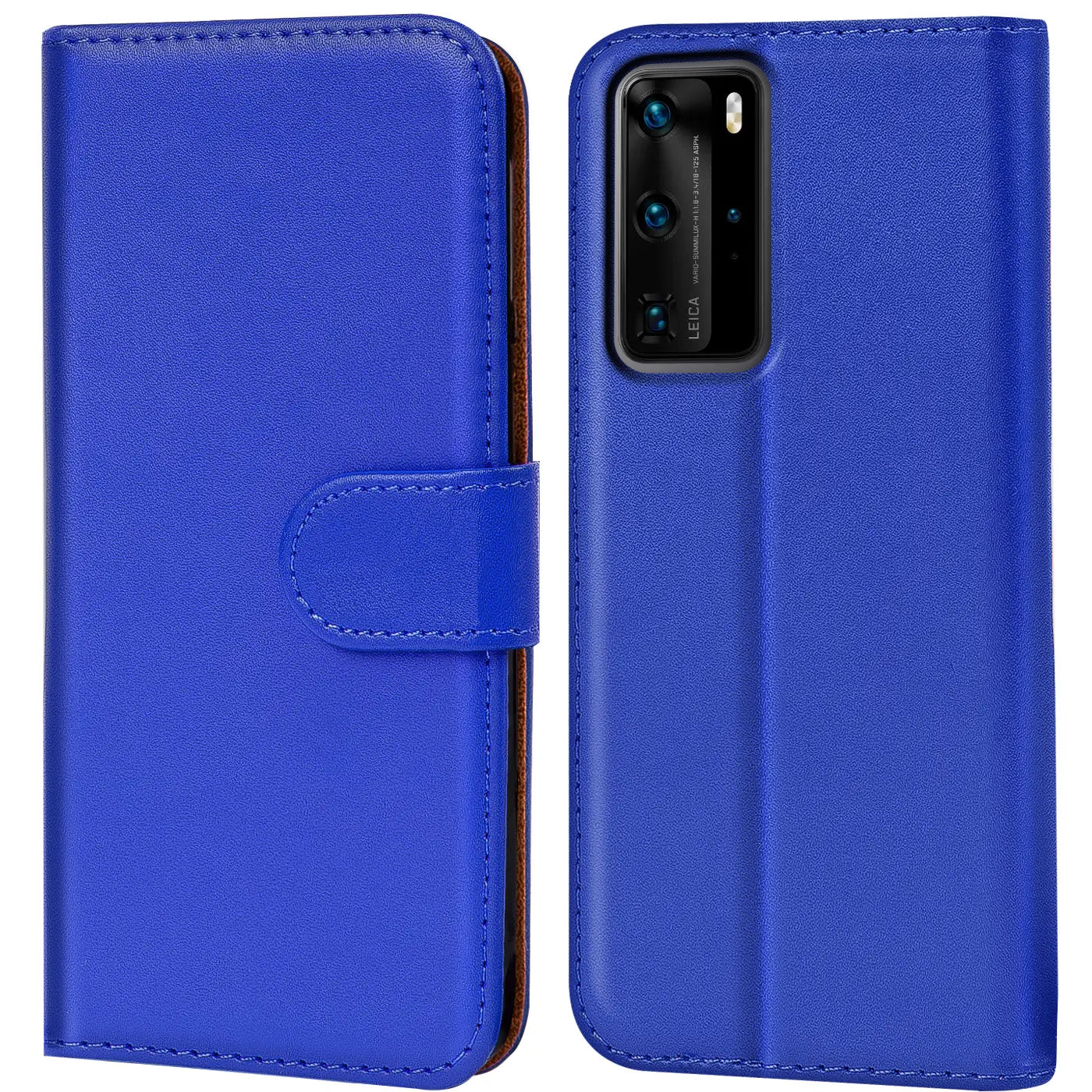 Blaue Kunstleder-Klapphülle mit Kartenfächern für Huawei P40 Pro, Vorder- und Rückansicht.