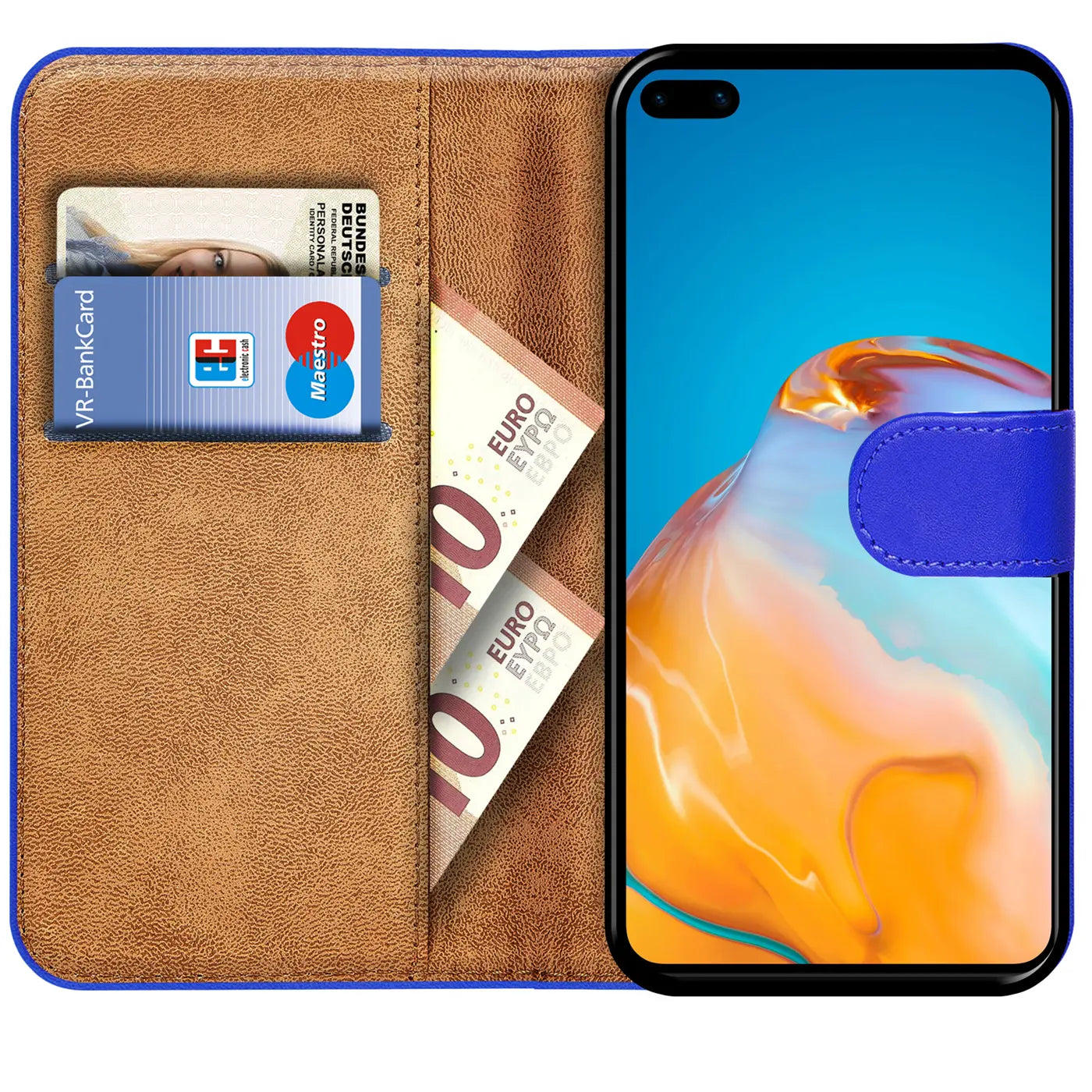 Braune Lederhülle mit blauen Akzenten, zeigt Huawei P40 Pro, Karten & Geld.
