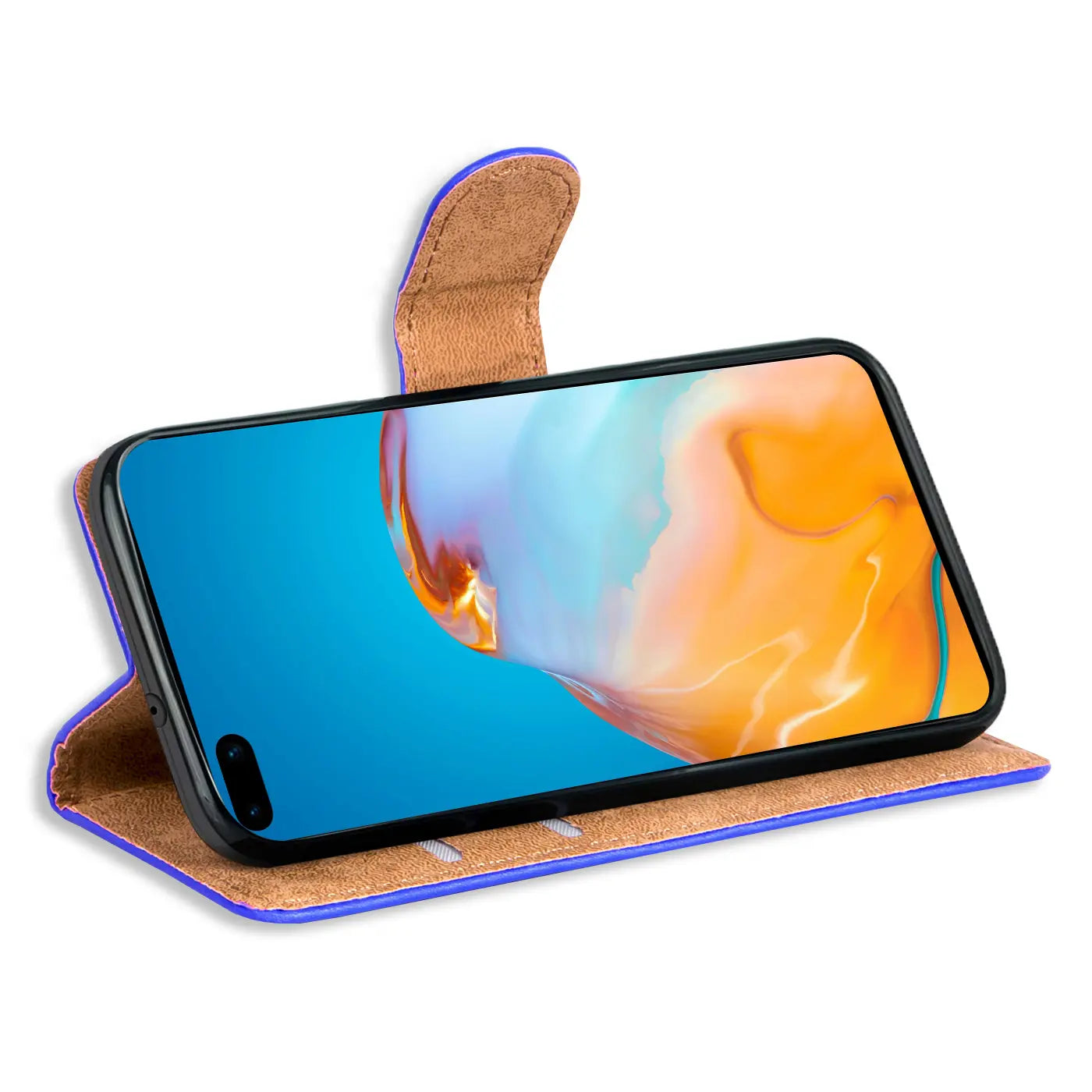 Lila Kunstleder-Klapphülle mit braunem Innenfutter, Huawei P40 Pro, von vorne schräg