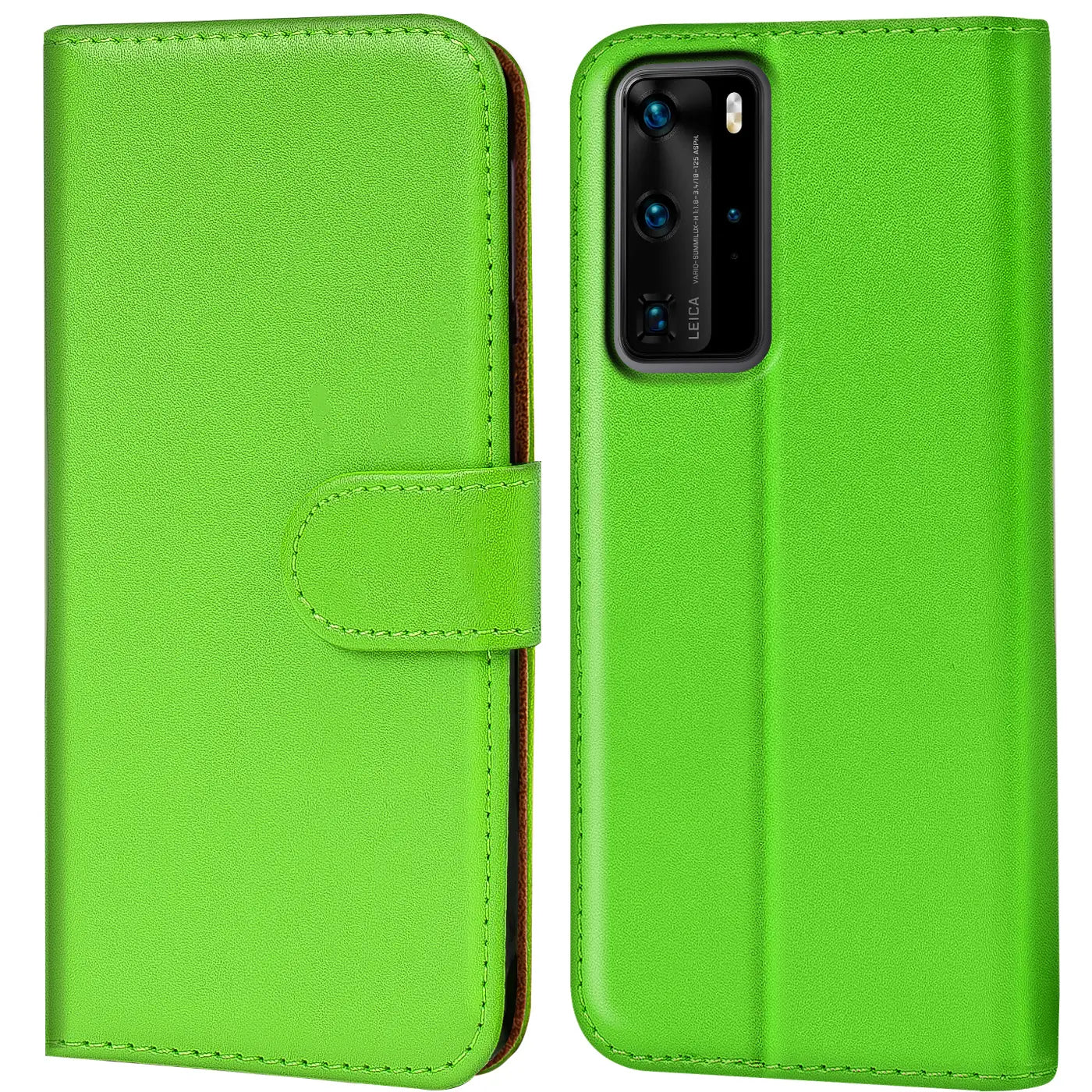 Grüne Kunstleder-Klapphülle mit Kartenfächern, Vorder- und Rückansicht, Huawei P40 Pro