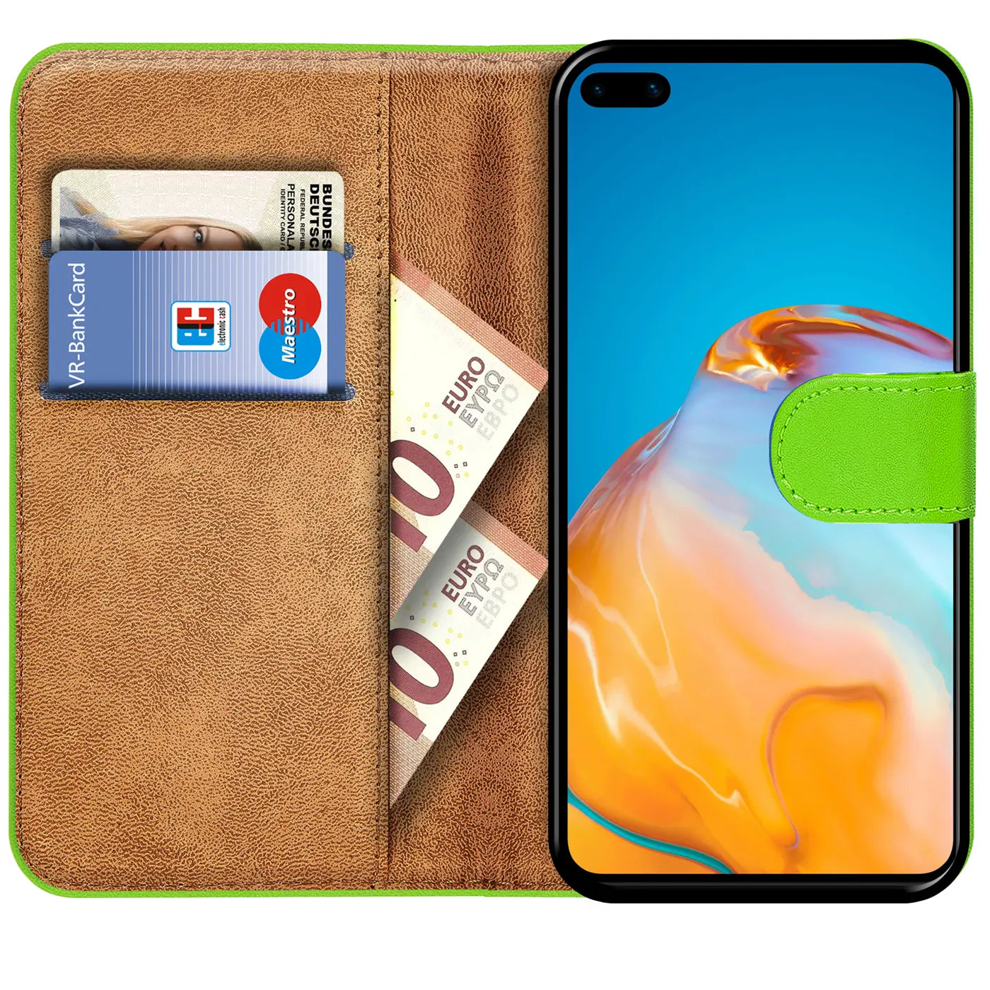 Grüne Klapphülle aus Leder mit Kartenfächern und Huawei P40 Pro, von vorne