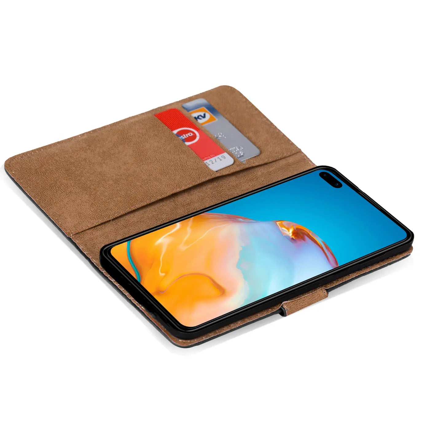 Braune Kunstleder-Klapphülle mit Kartenfächern, zeigt Huawei P40 Pro von oben.