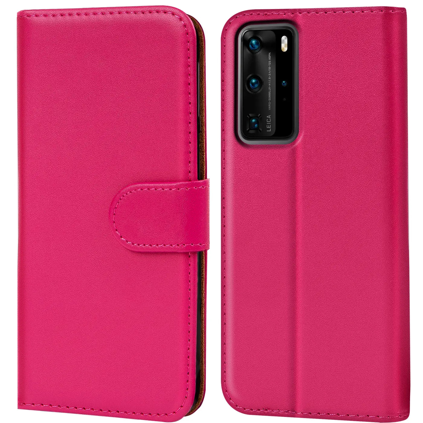 Pink Kunstleder-Klapphülle mit Kartenfächern, Huawei P40 Pro, Vorder- und Rückansicht.