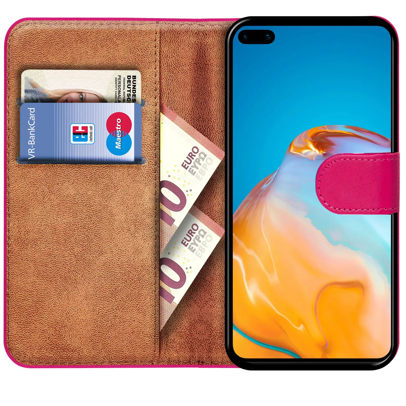 Braune Klapphülle mit Kartenfächern, pinkem Verschluss, zeigt Huawei P40 Pro.