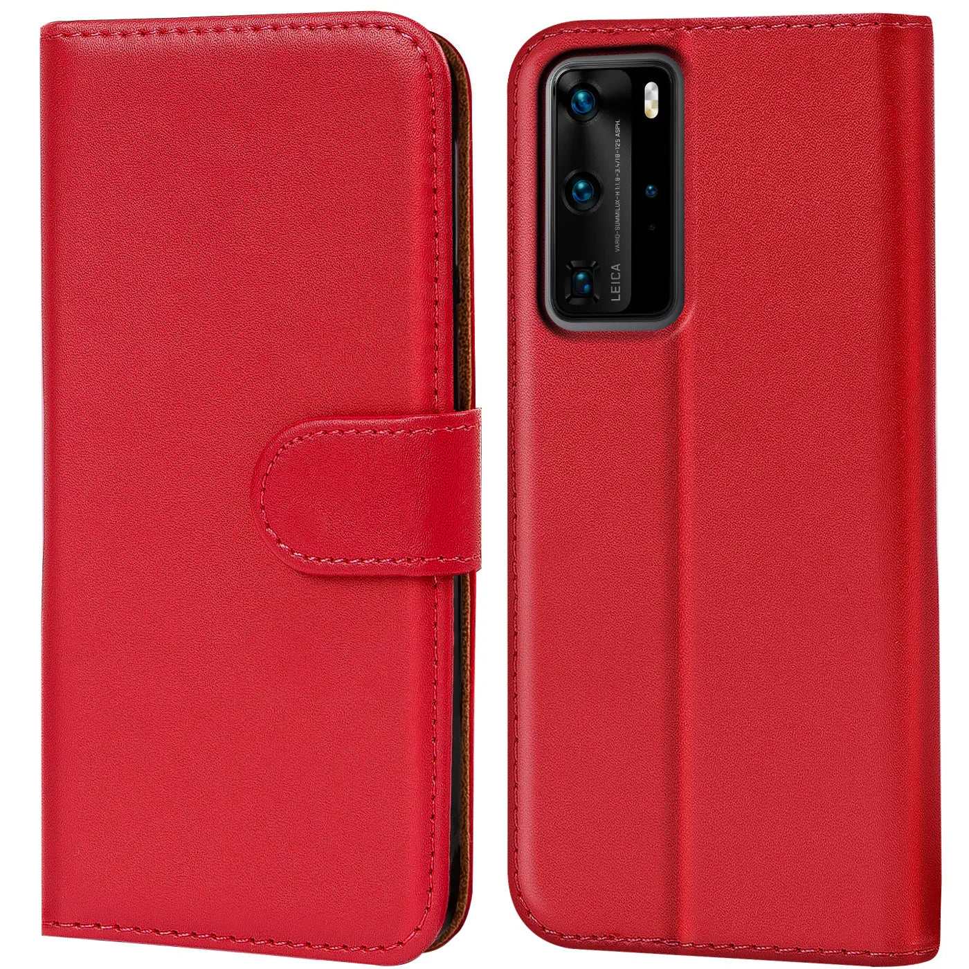 Rote Leder-Klapphülle mit Kartenfächern, zeigt Huawei P40 Pro von hinten und vorne.