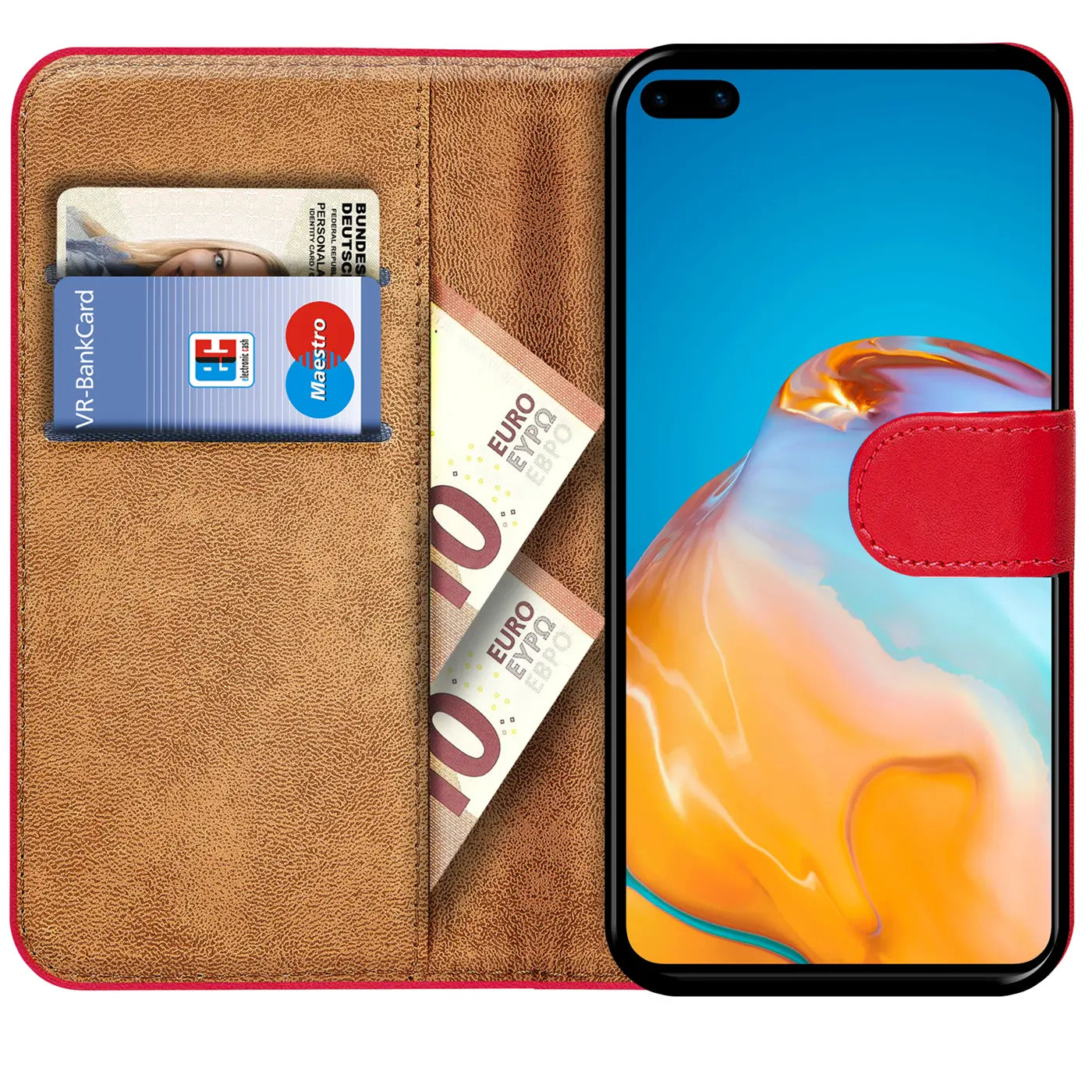 Rote Kunstleder-Klapphülle mit Kartenfächern und Huawei P40 Pro.