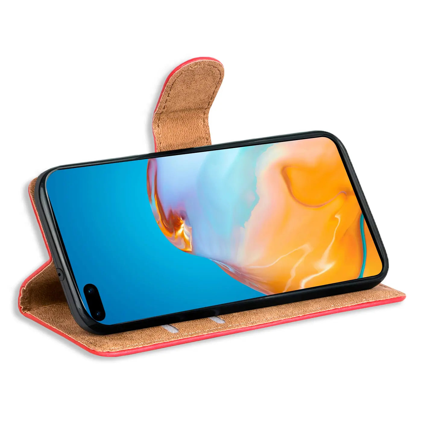 Rote Leder-Klapphülle mit Kartenfächern für Huawei P40 Pro, Seitenansicht.