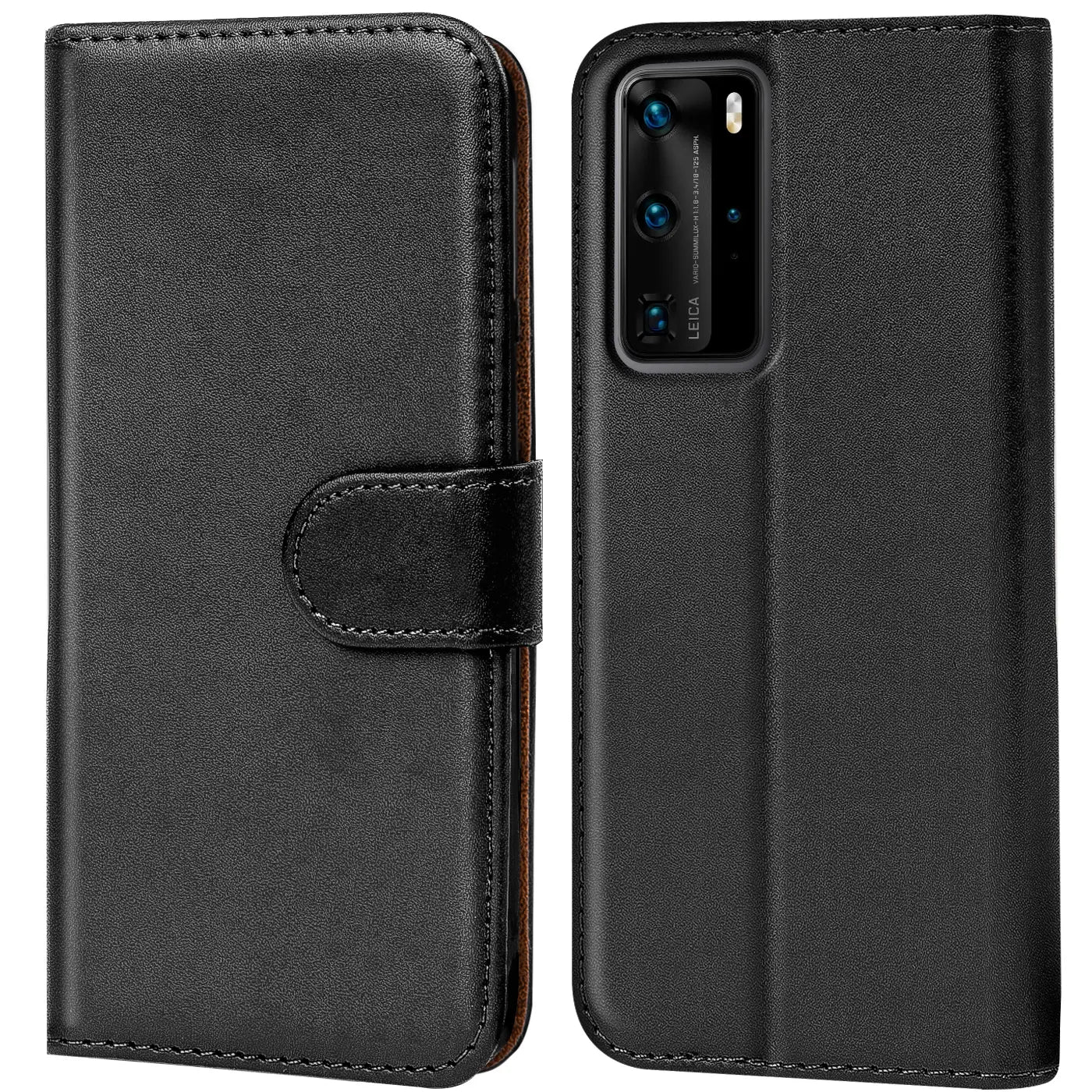 Schwarze Leder-Klapphülle mit Kartenfächern, zeigt Huawei P40 Pro von vorne und hinten.