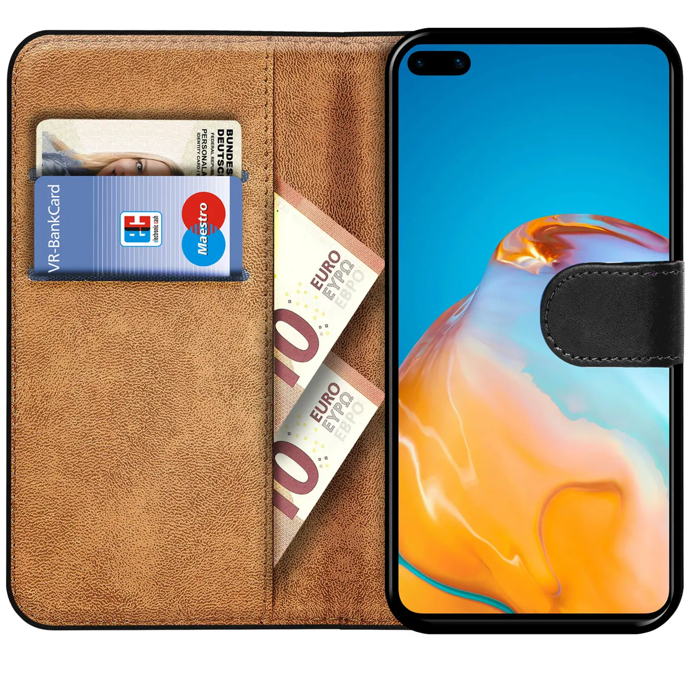 Braune Leder-Klapphülle mit Kartenfächern und Huawei P40 Pro, von vorne.