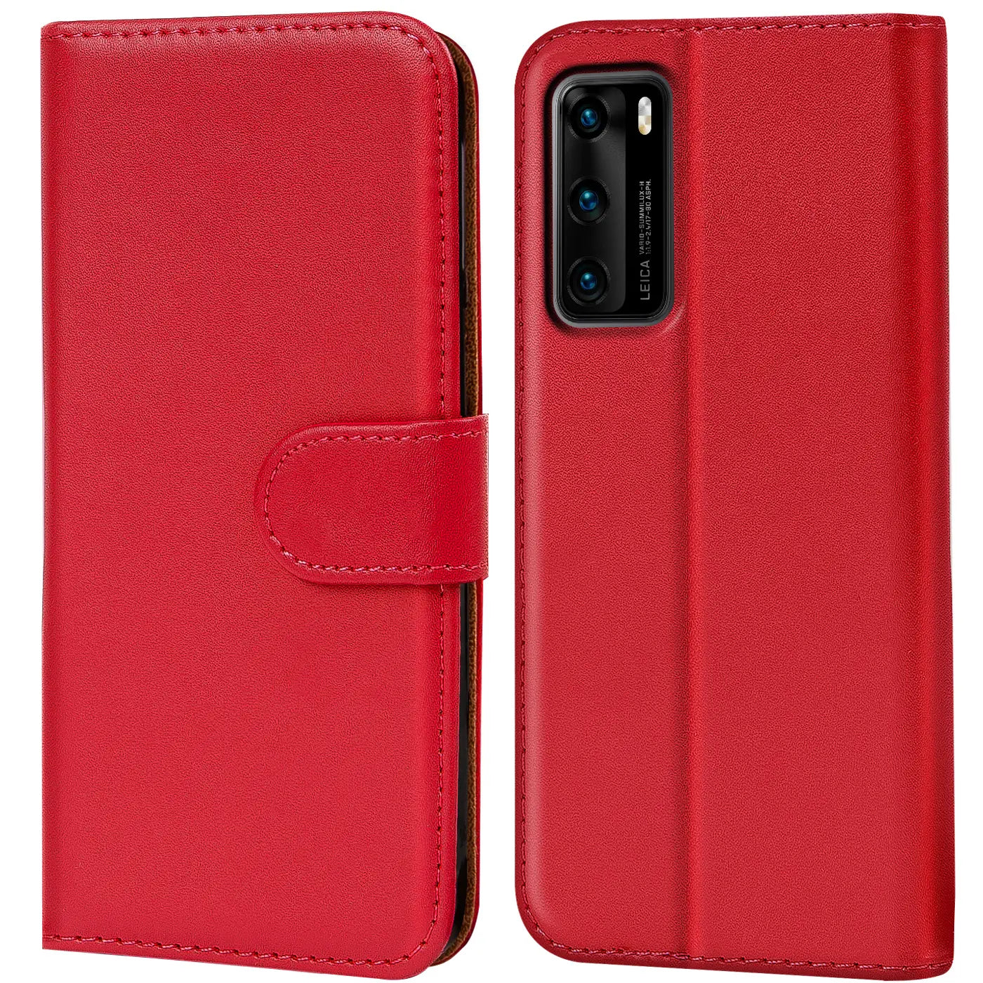 Rote Leder-Klapphülle mit Kartenfächern, Vorder- und Rückseite eines Huawei P40.
