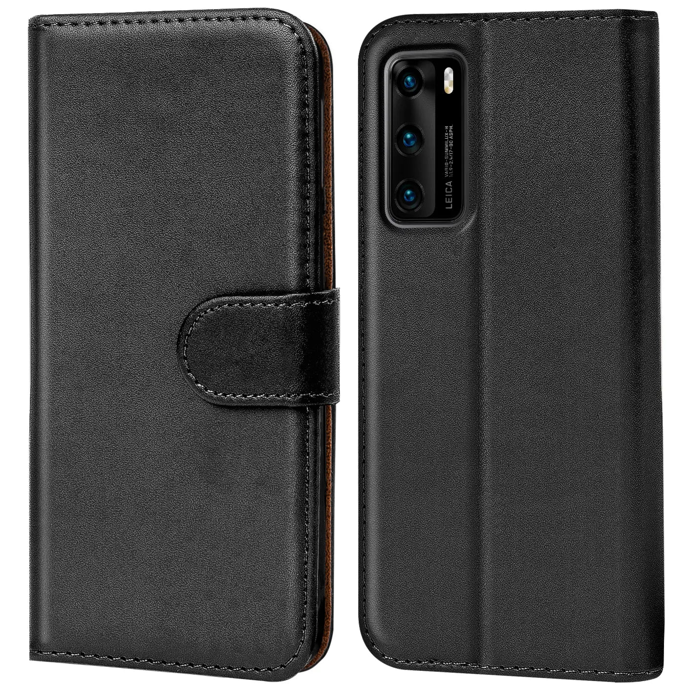 Schwarze Leder-Klapphülle mit Kartenfächern, Huawei P40 Rückseite sichtbar, Frontansicht.