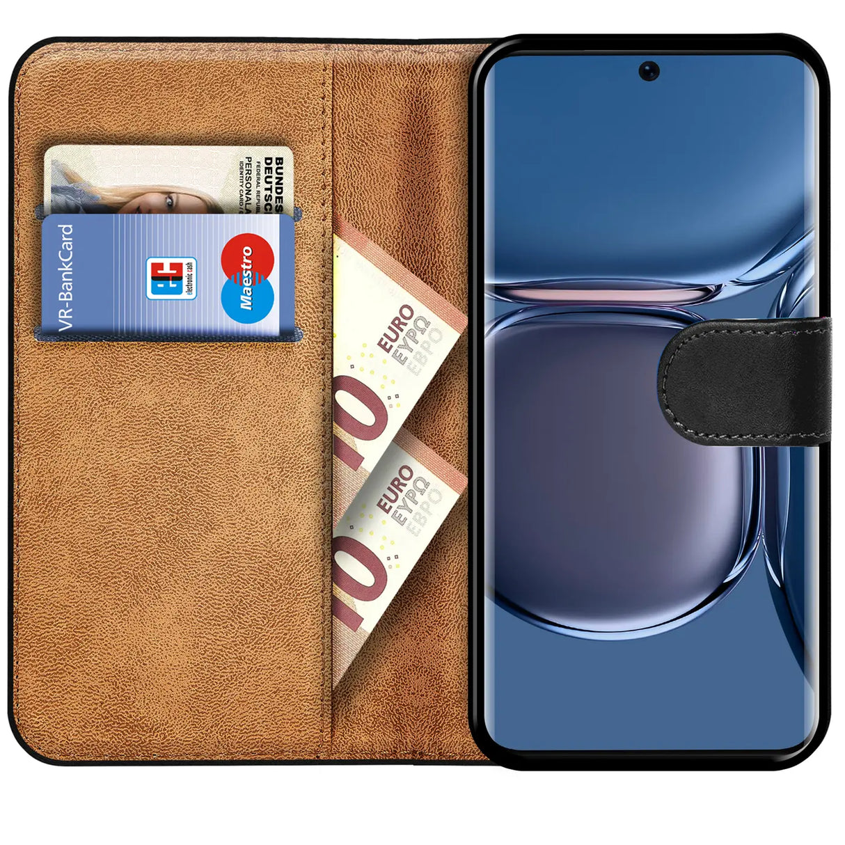 Huawei P50 Pro Klapphülle in Schwarz mit Kartenfächern und Schutz