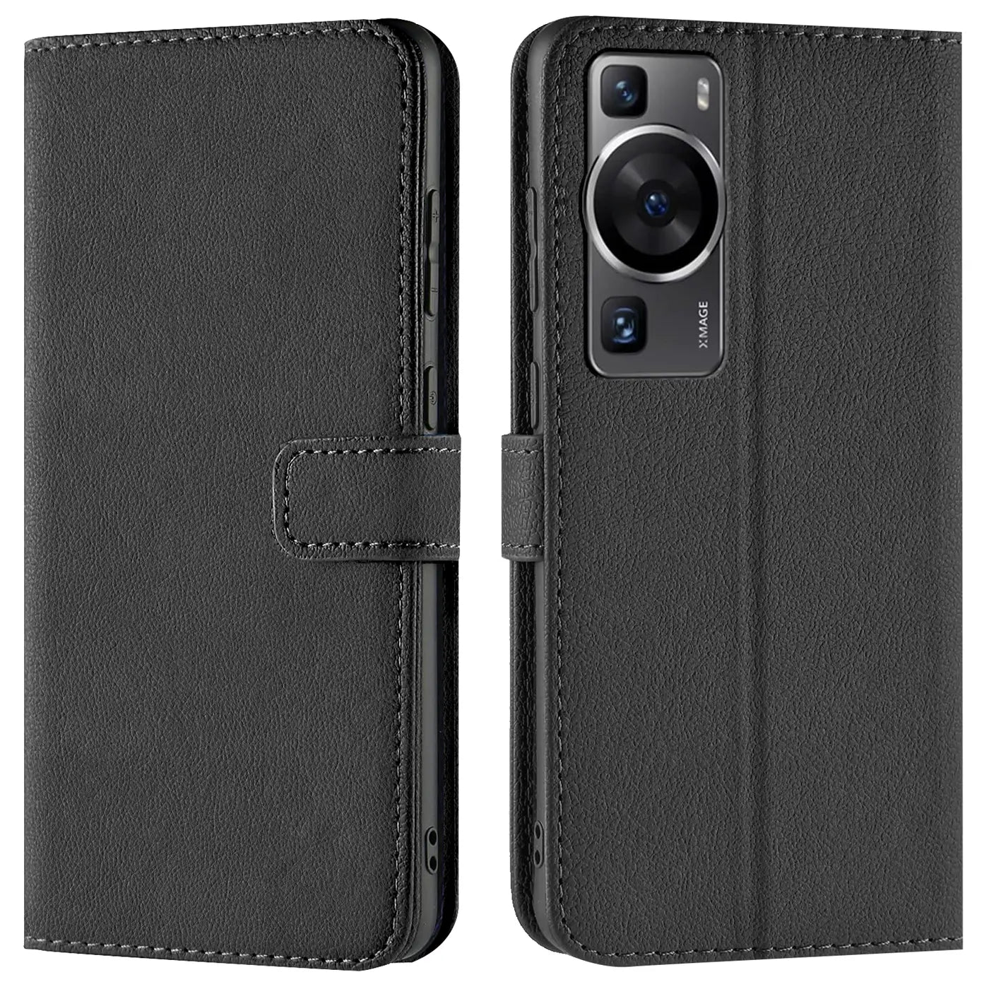 Schwarze Leder-Klapphülle mit Kartenfächern, Vorder- und Rückansicht, für Huawei P60 Pro.