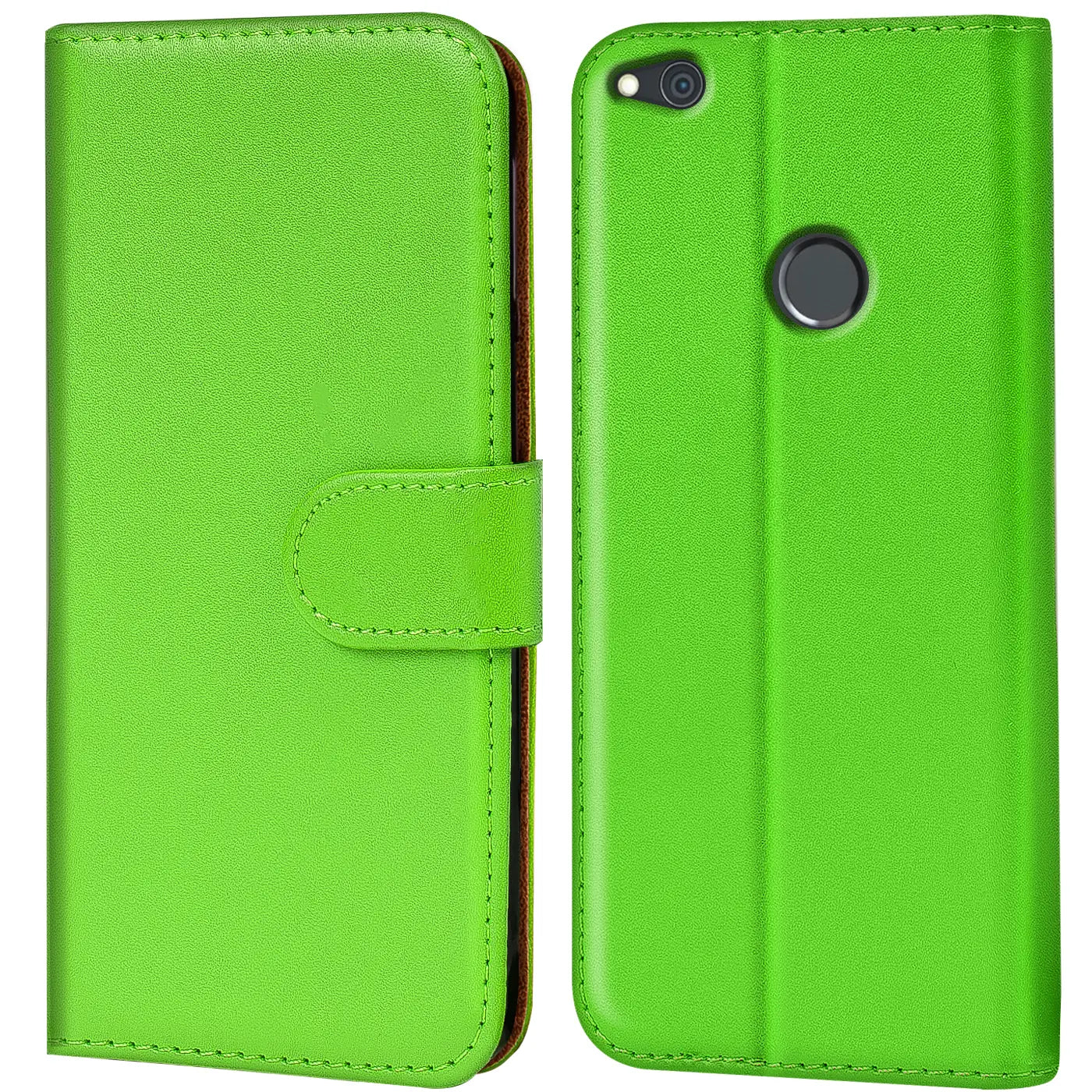 Grüne Kunstleder-Klapphülle mit Kartenfächern, Vorder- und Rückansicht, für Huawei P8 Lite 2017.
