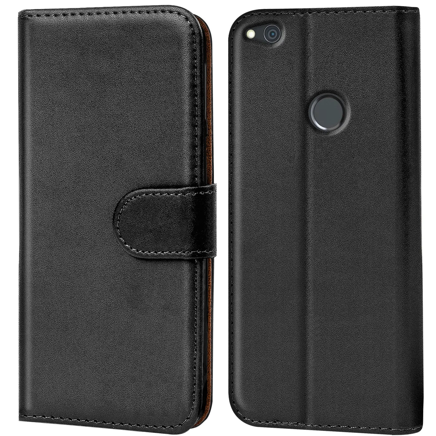 Schwarze Leder-Klapphülle für Huawei P8 Lite 2017, Vorder- und Rückansicht