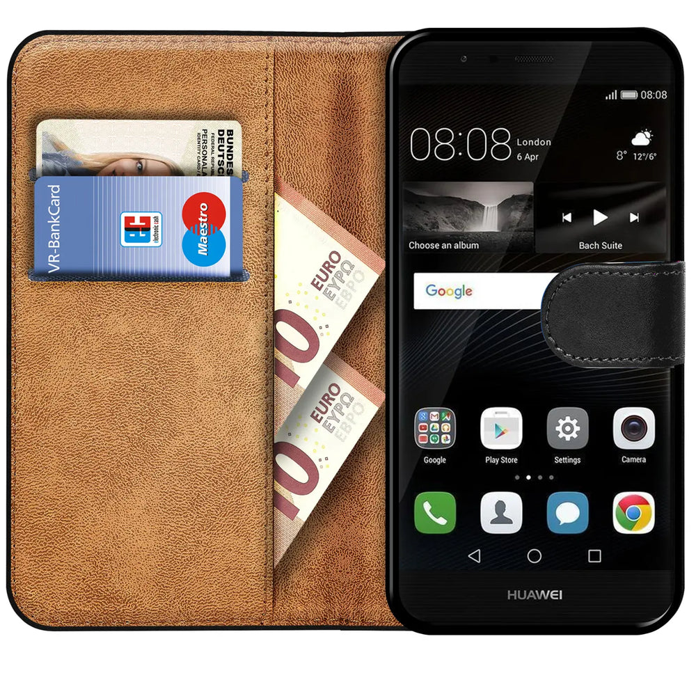 Huawei P8 Lite 2017 Klapphülle in Schwarz mit Kartenfächern und Schutz