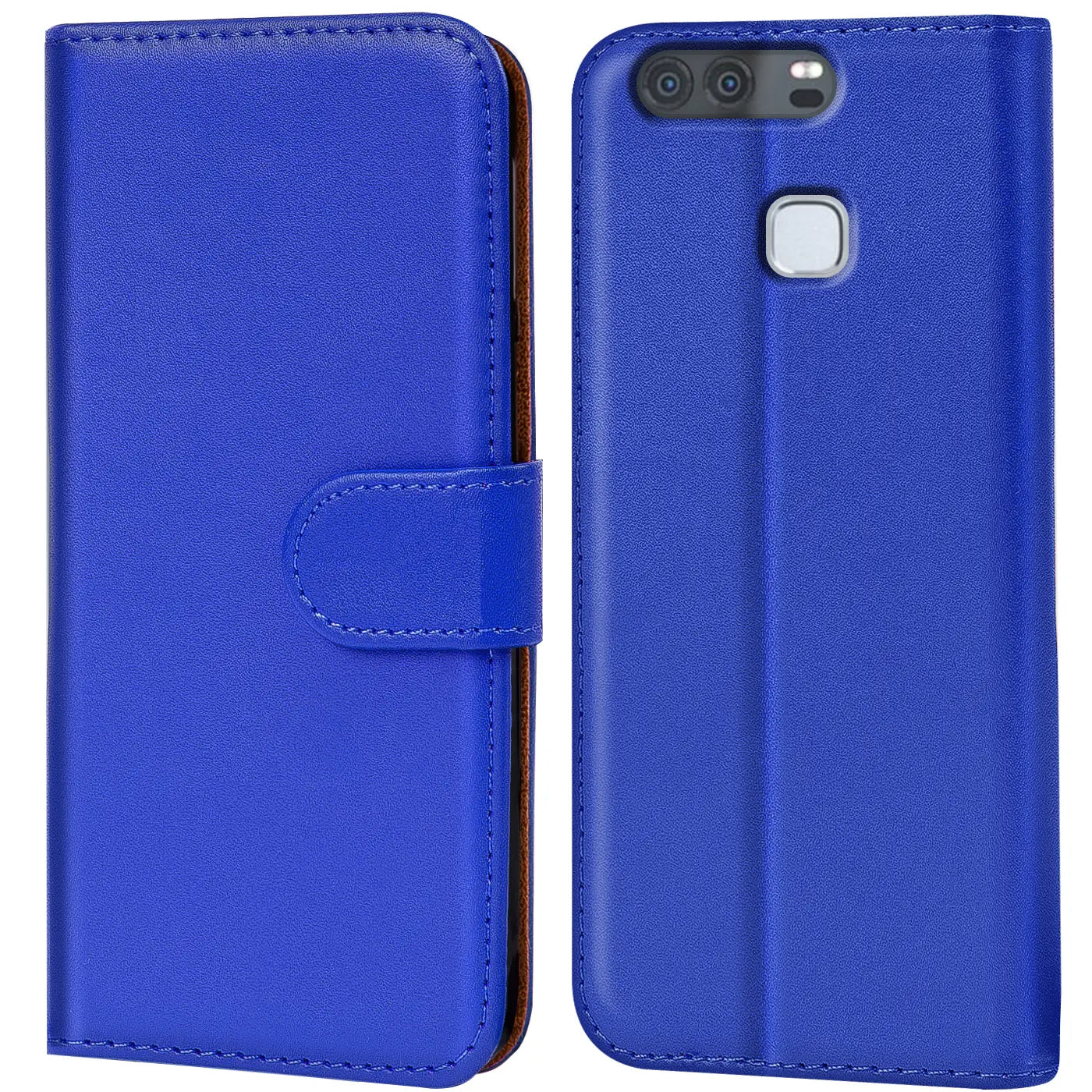 Blaue Kunstleder-Klapphülle für Huawei P9, Vorder- und Rückansicht