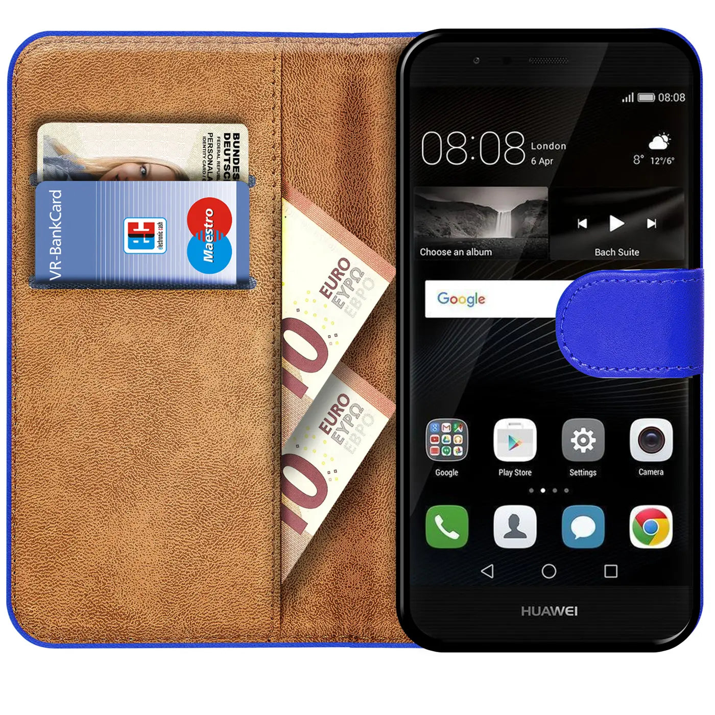 Blaue Kunstleder-Klapphülle mit Kartenfächern und Geldscheinen, zeigt Huawei P9 von vorne.